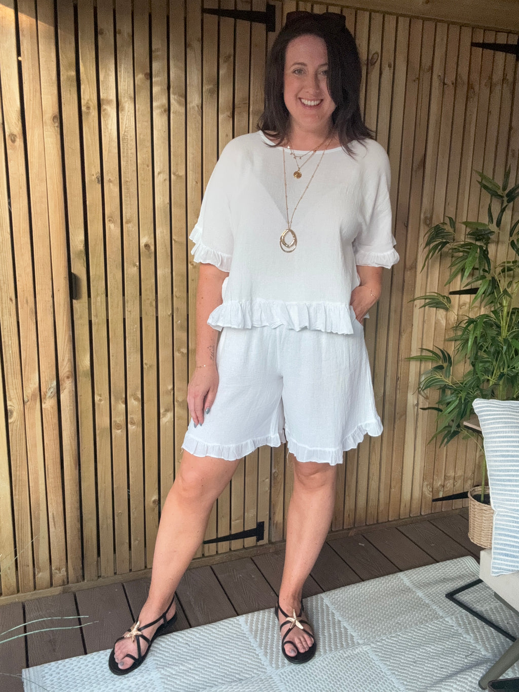 Frill Gauze Linen Top - White