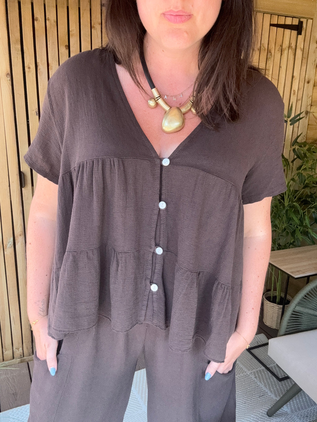 Tiered Gauze Linen Button Down Top - Chocolate