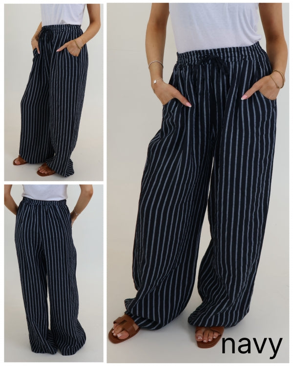 Pinstripe Linen Wide Leg Trousers
