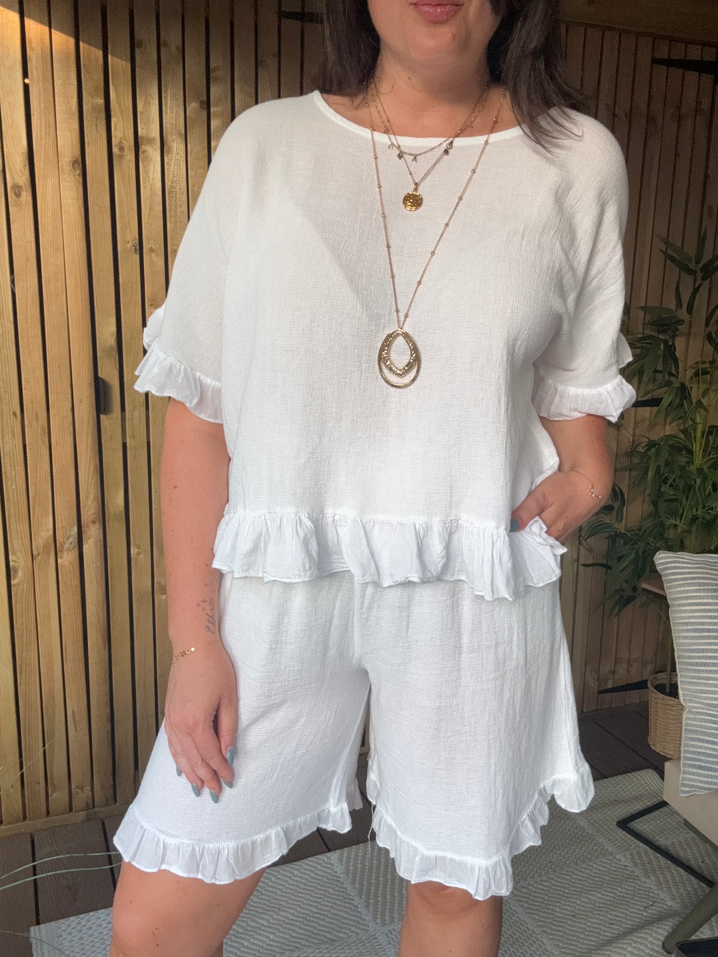 Frill Gauze Linen Top - White