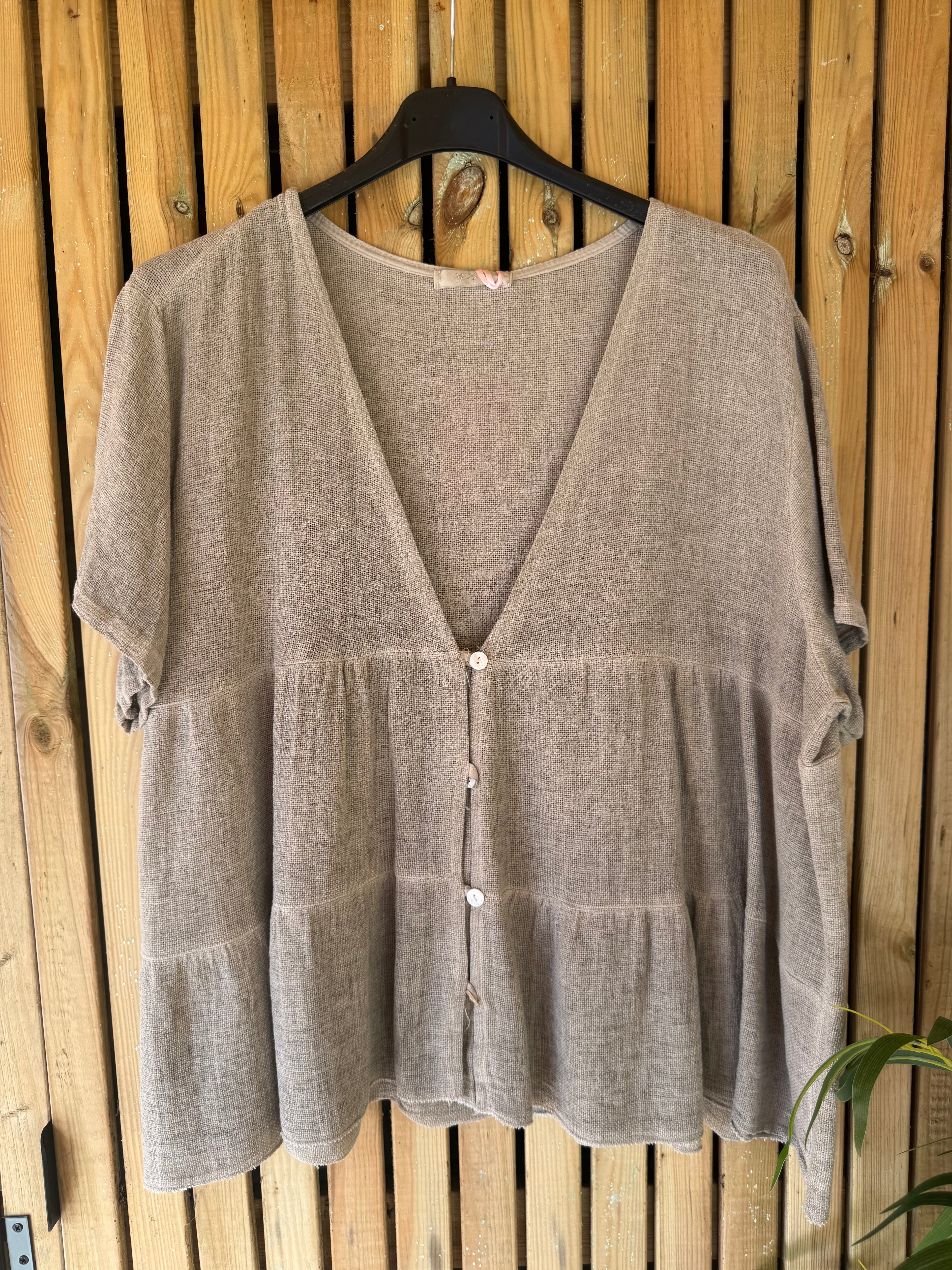 Tiered Gauze Linen Button Down Top - Taupe