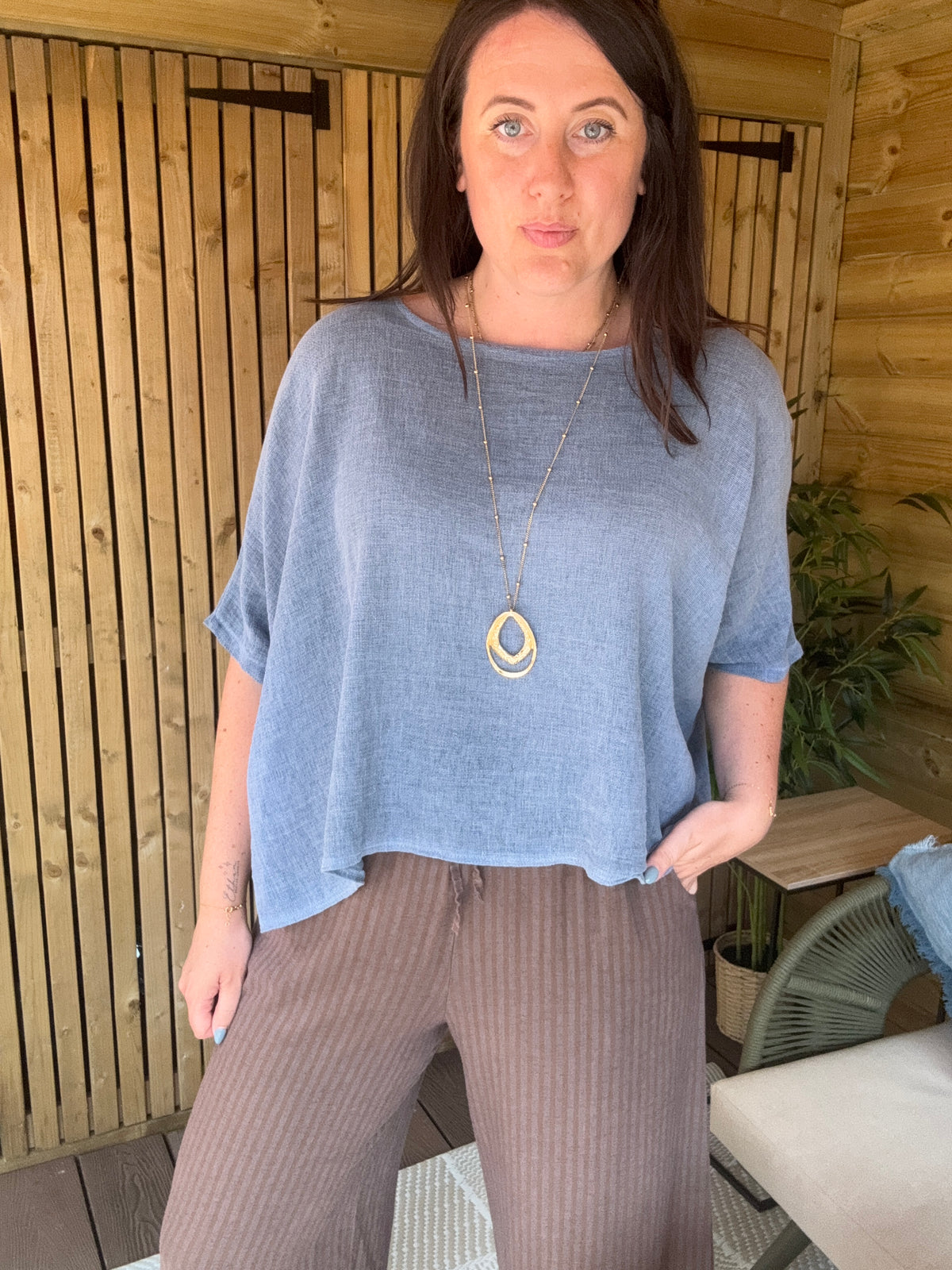 Linen Gauze Back Button Detail Top - Blue