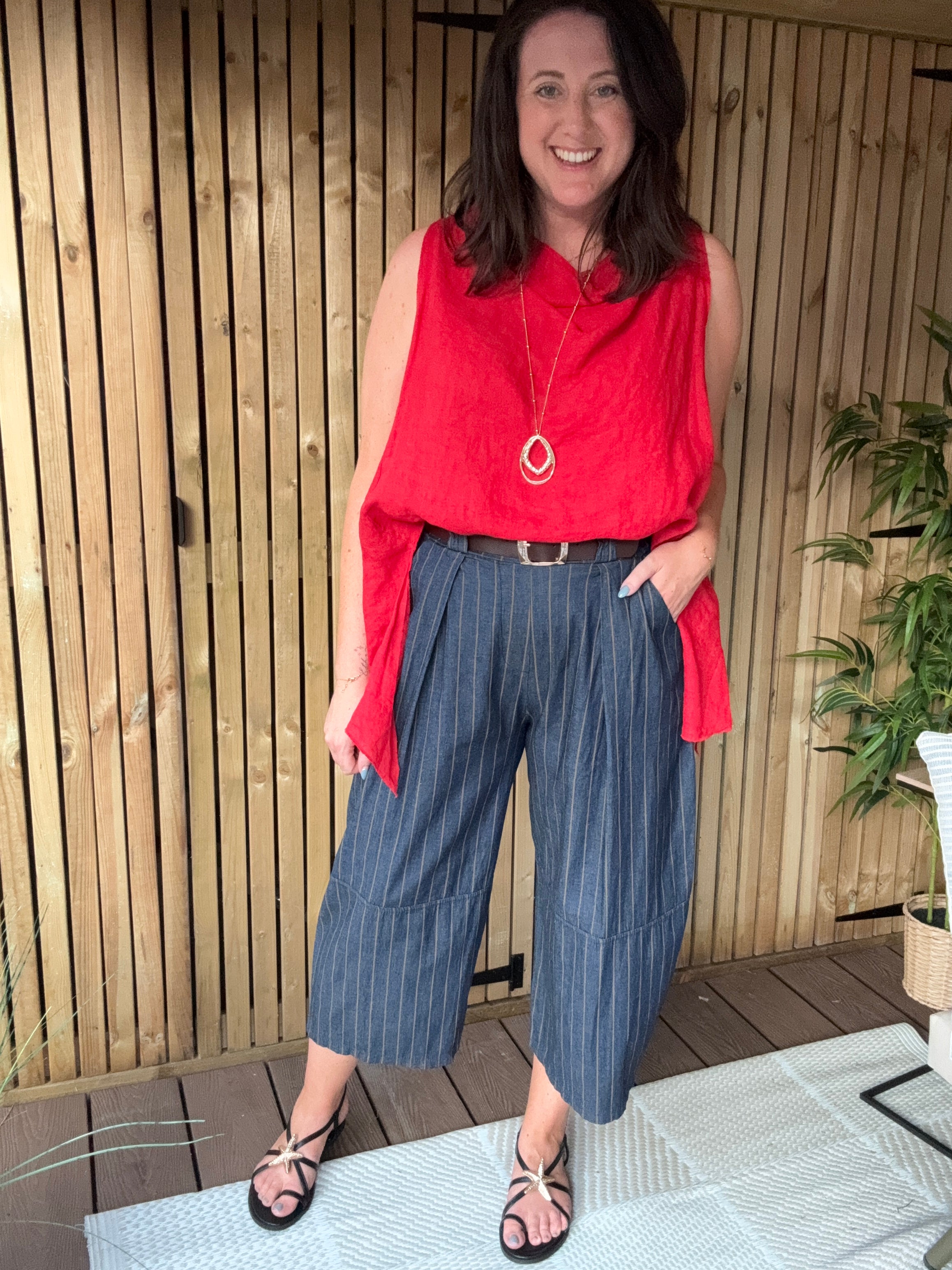 Belted Barrel Leg Denim - Pinstripe