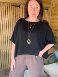 Linen Gauze Back Button Detail Top - Black