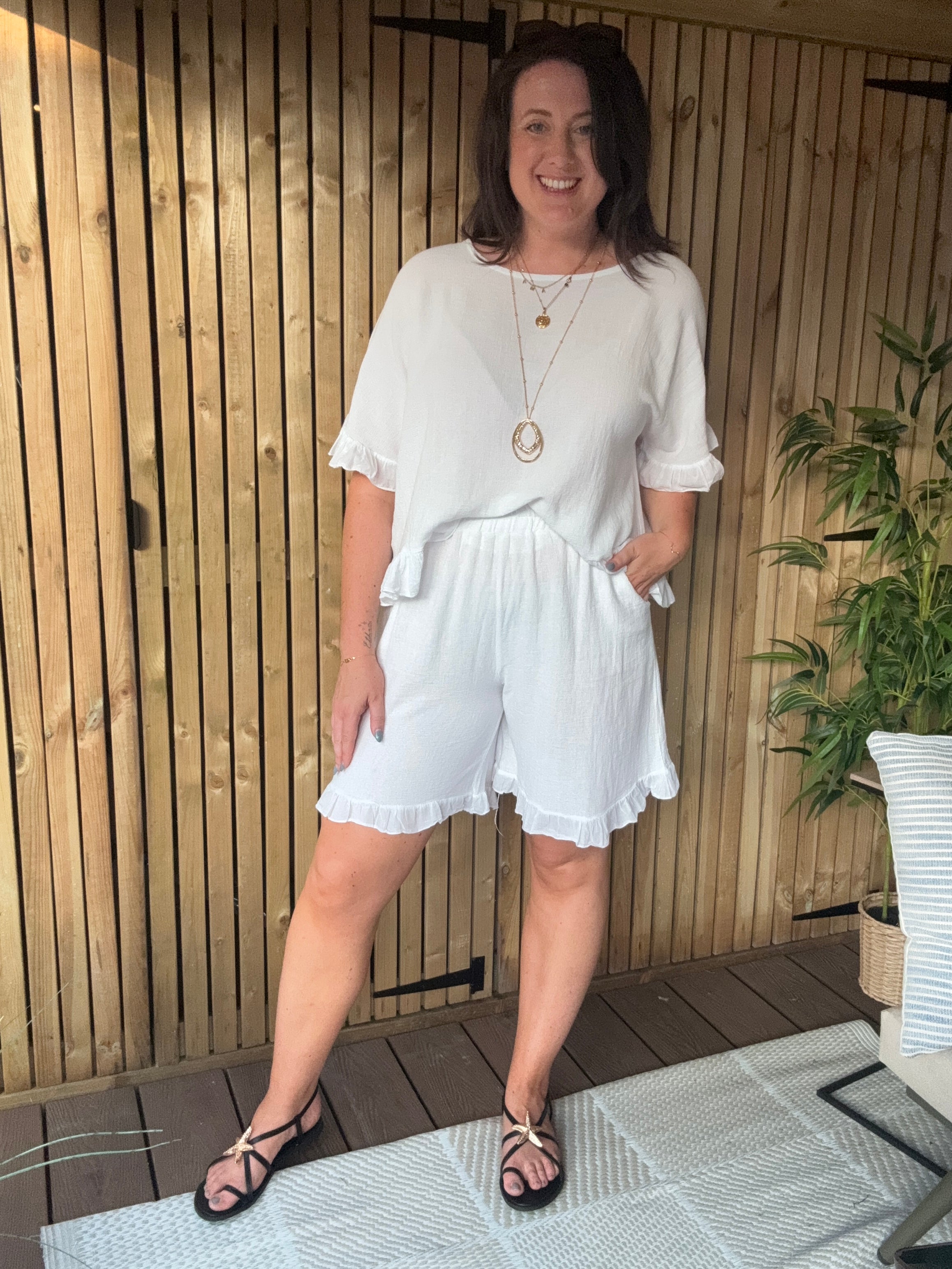 Frill Gauze Linen Top - White