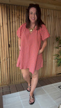 Gingham Puff Sleeve Dress - Coral