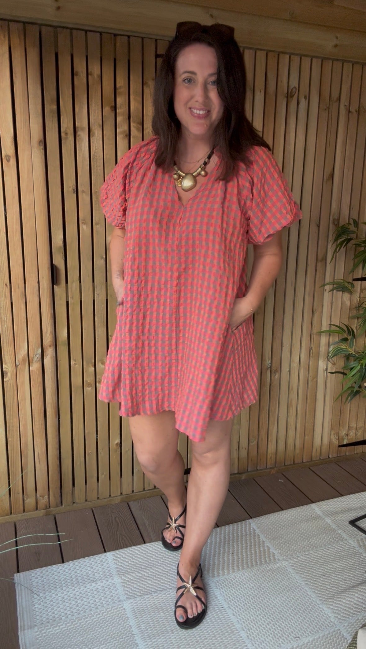 Gingham Puff Sleeve Dress - Coral