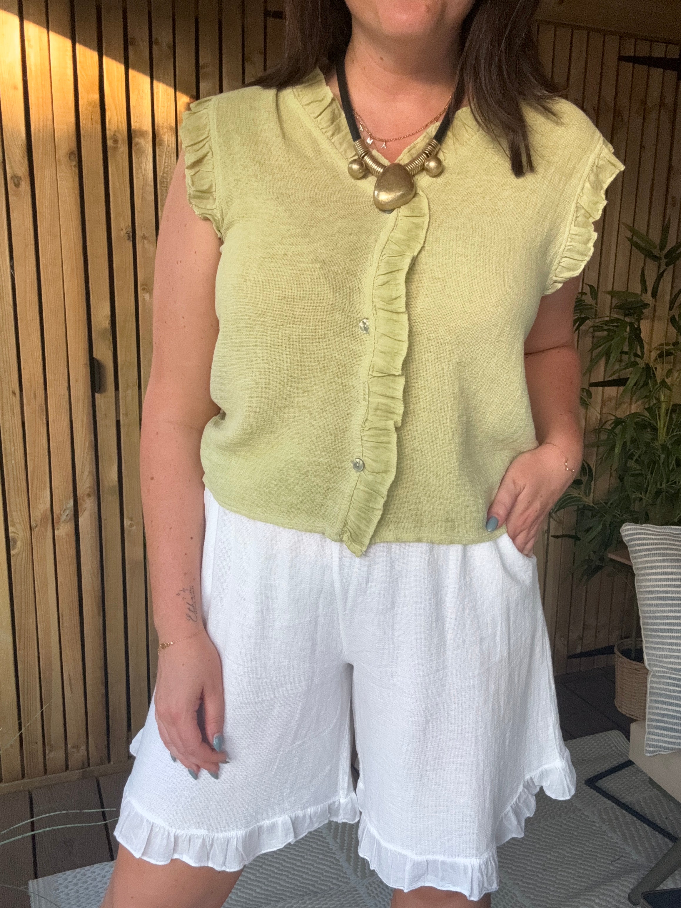 Frill Gauze Linen Sleeveless Button Down - Lime
