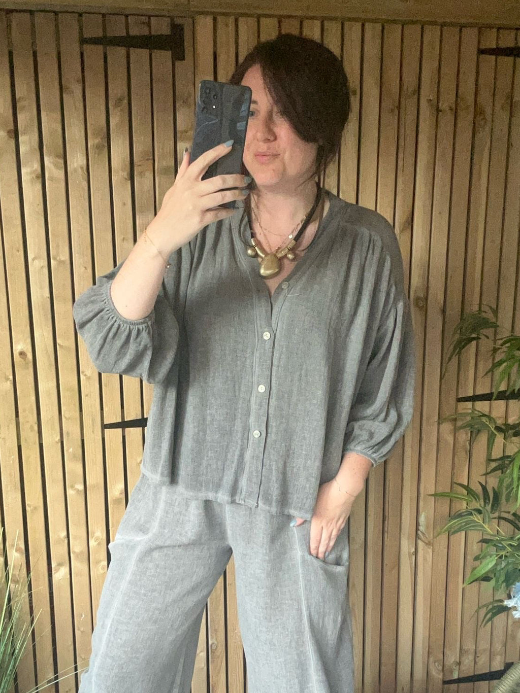 Gathered Sleeve Gauze Linen Shirt