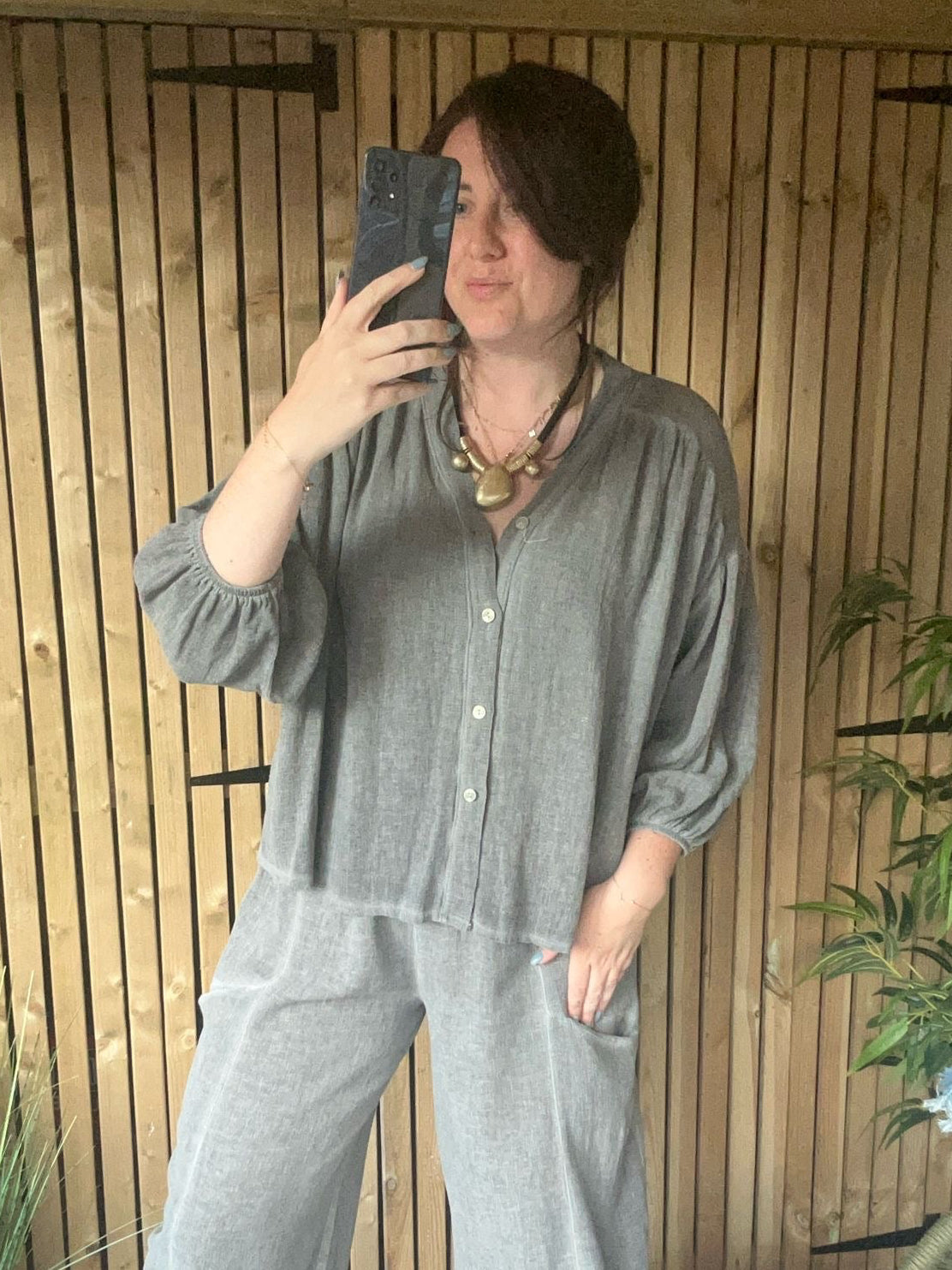 Gathered Sleeve Gauze Linen Shirt