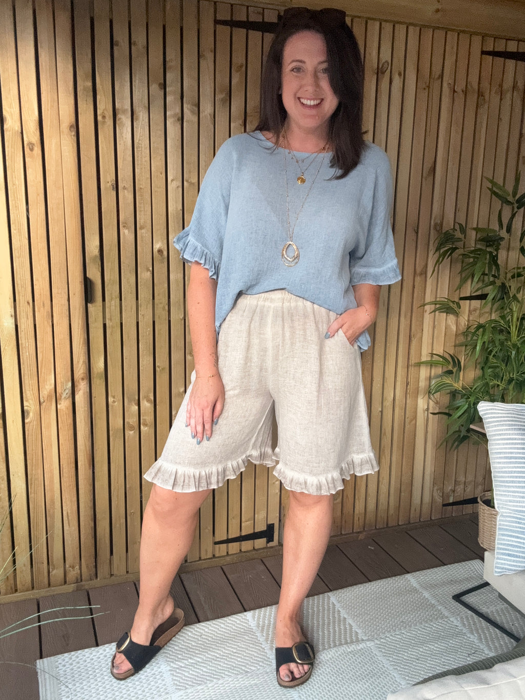 Frill Hem Gauze Linen Shorts - Stone