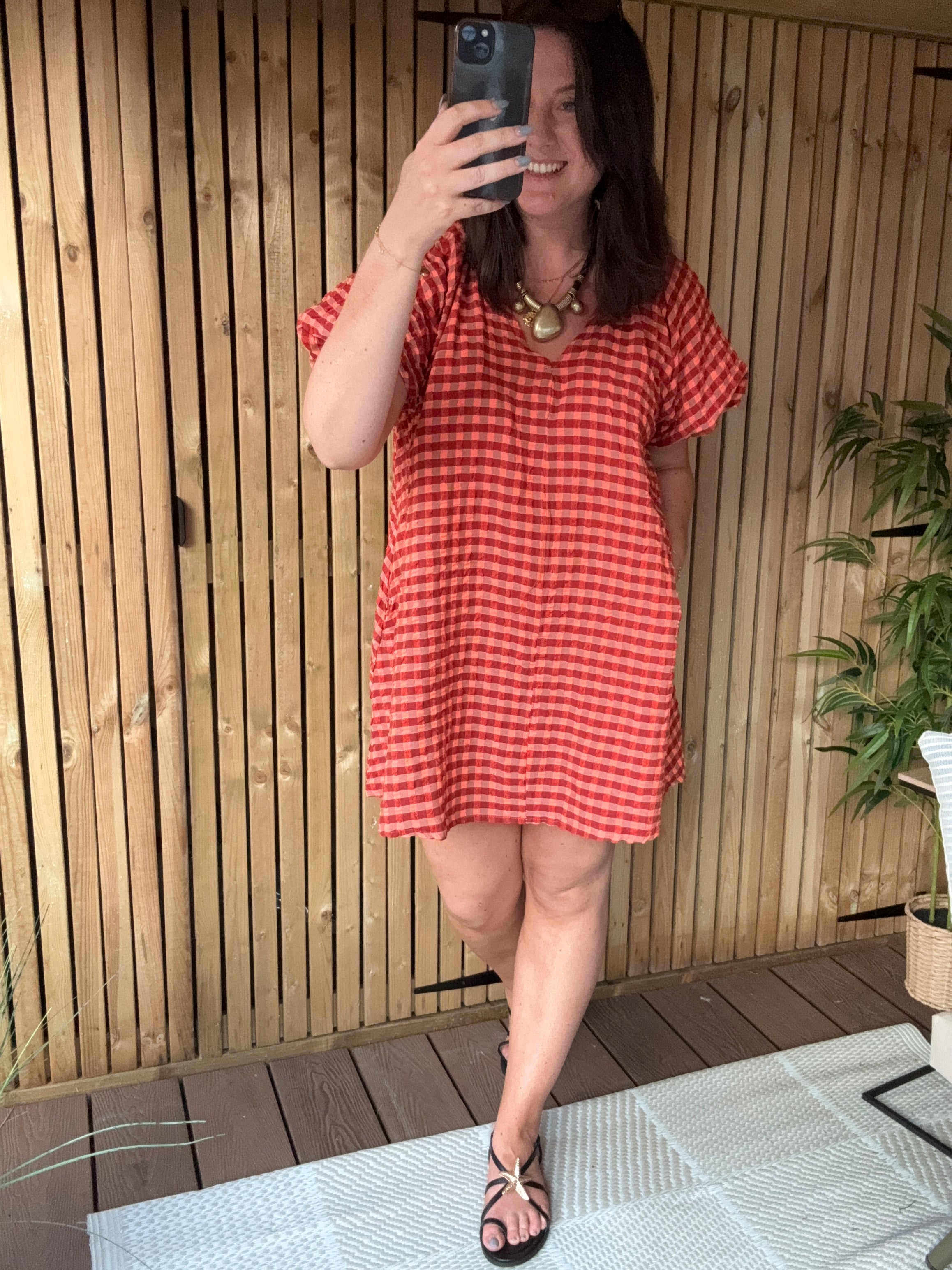 Gingham Puff Sleeve Dress - Burnt Orange