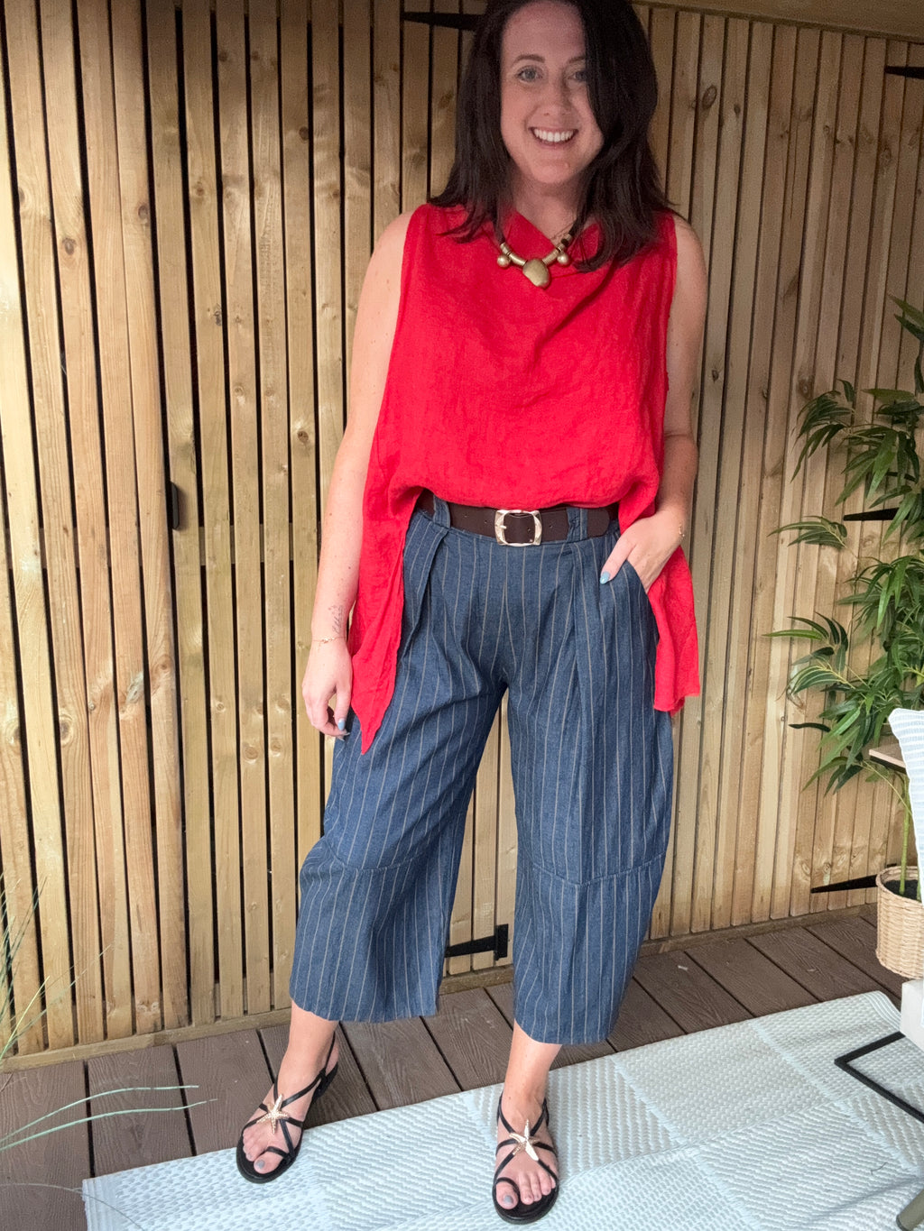 Belted Barrel Leg Denim - Pinstripe