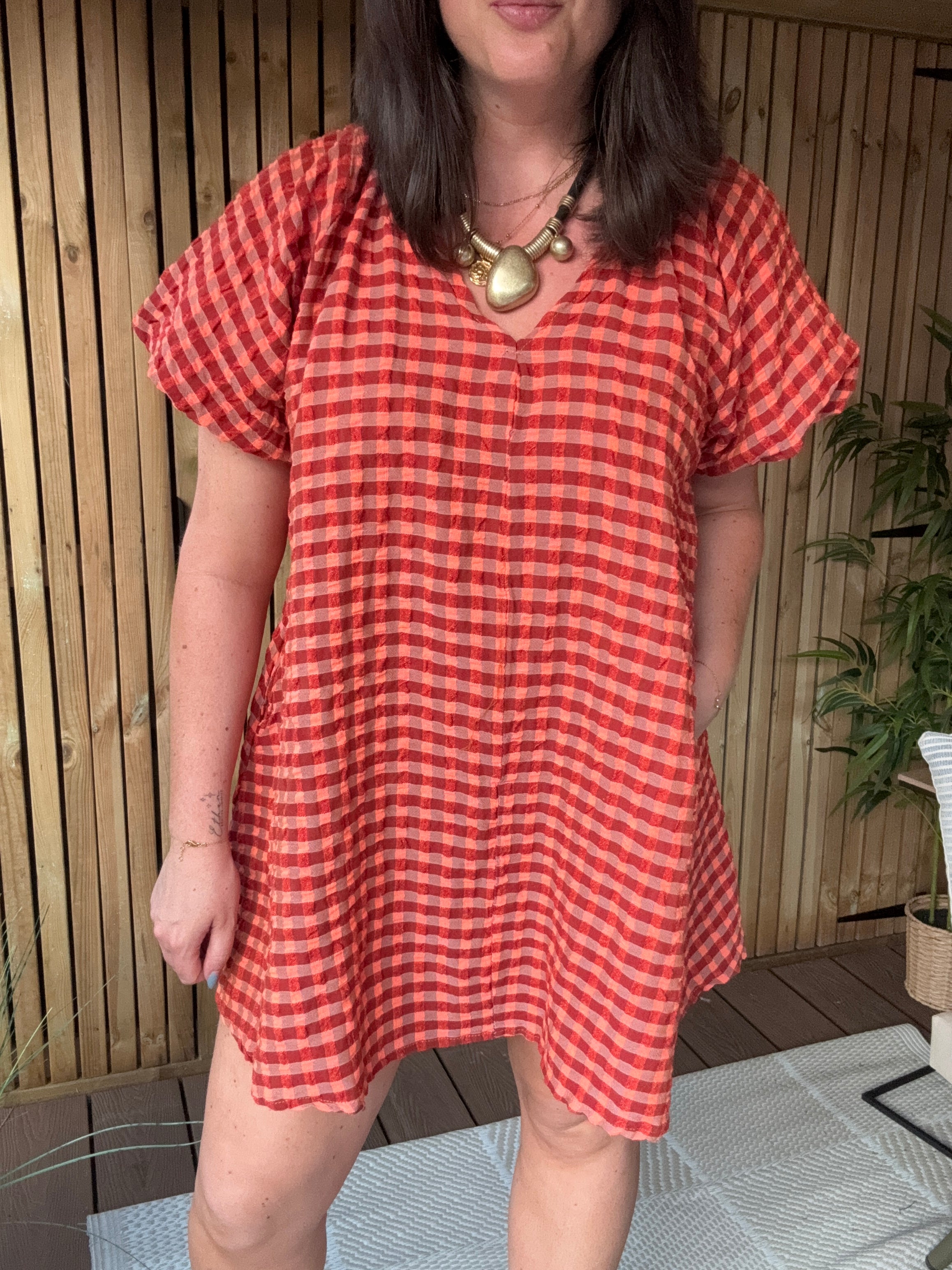 Gingham Puff Sleeve Dress - Burnt Orange