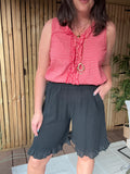 Frill Hem Gauze Linen Shorts - Black