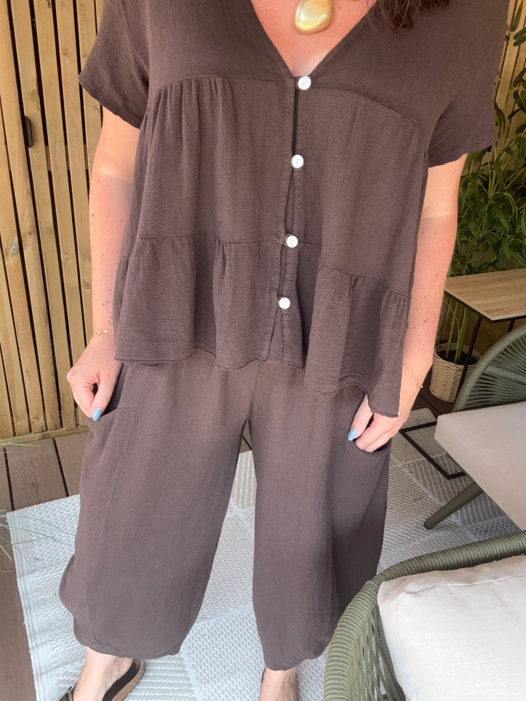 Tiered Gauze Linen Button Down Top - Chocolate
