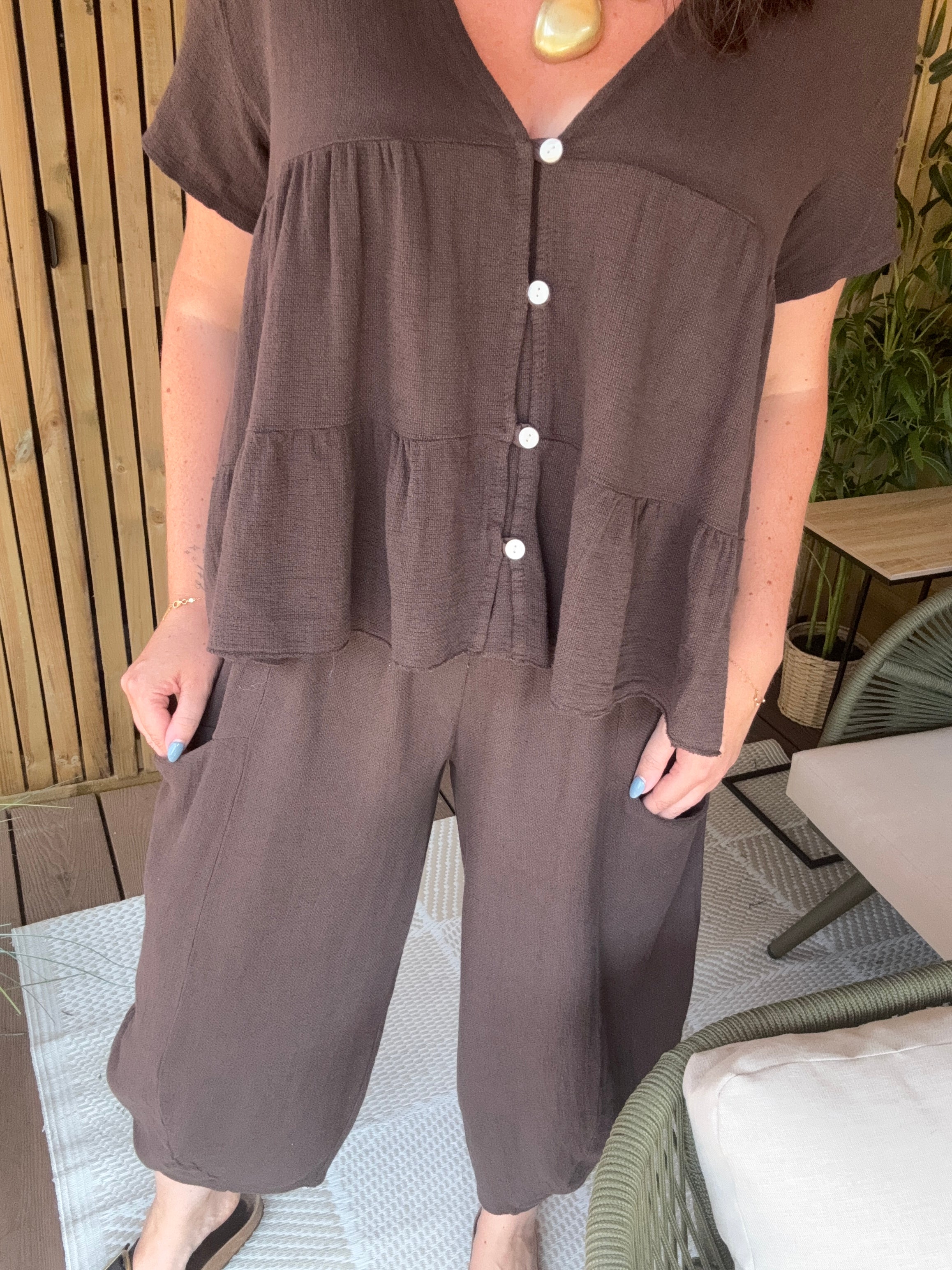 Tiered Gauze Linen Button Down Top - Chocolate