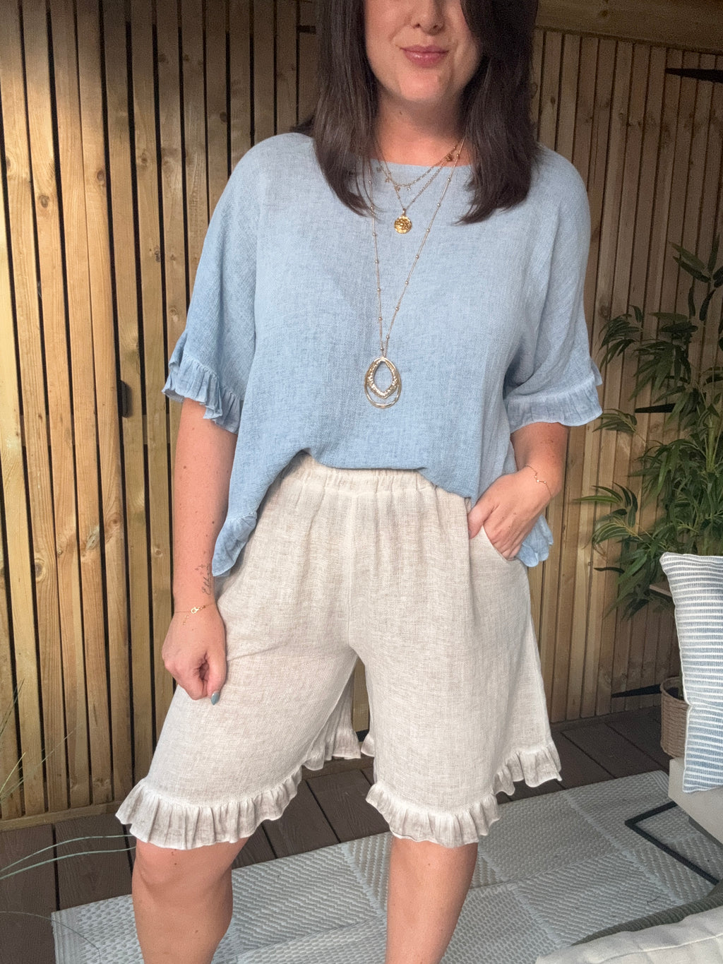 Frill Hem Gauze Linen Shorts - Stone