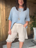 Frill Hem Gauze Linen Shorts - Stone