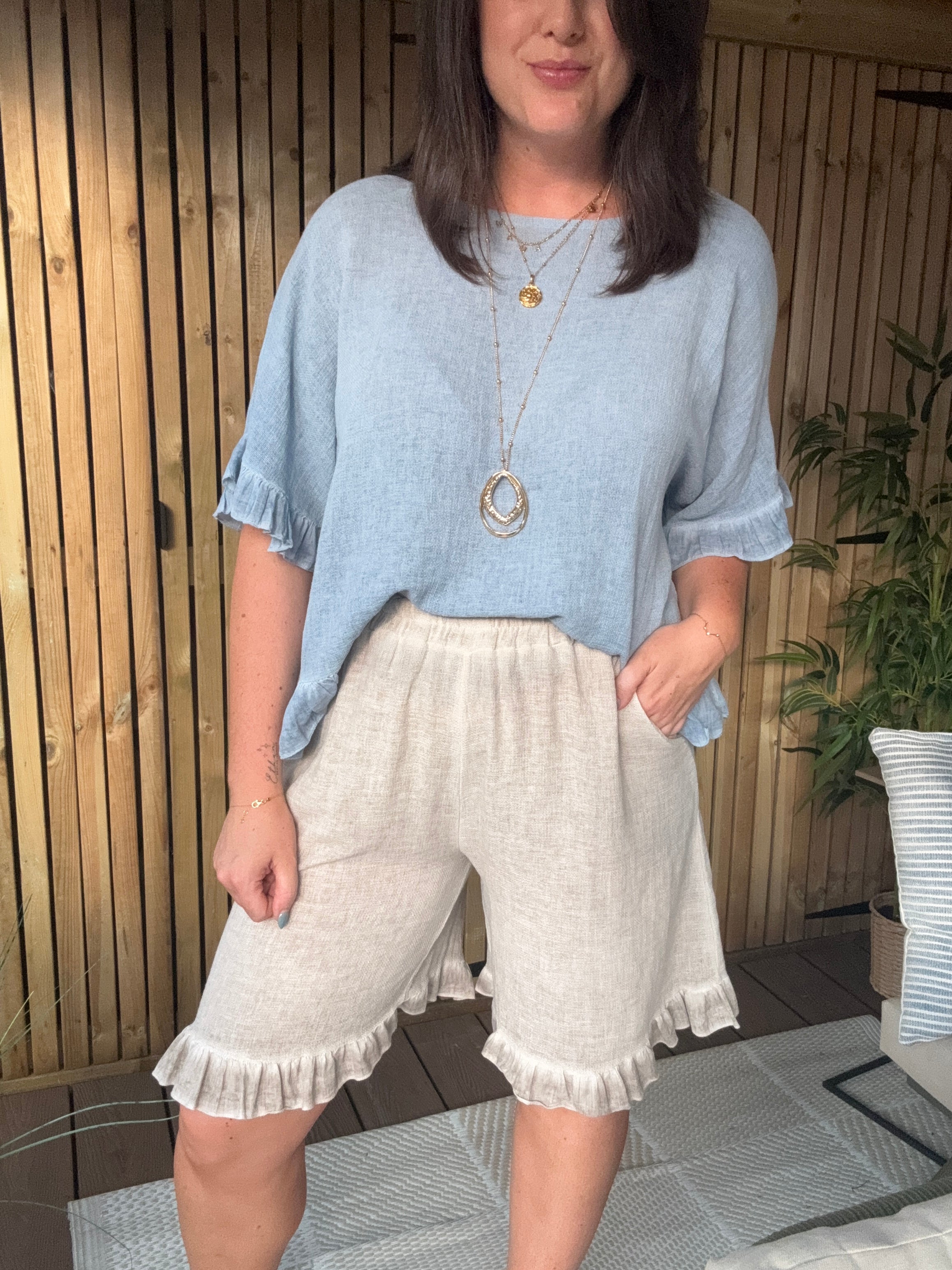 Frill Hem Gauze Linen Shorts - Stone