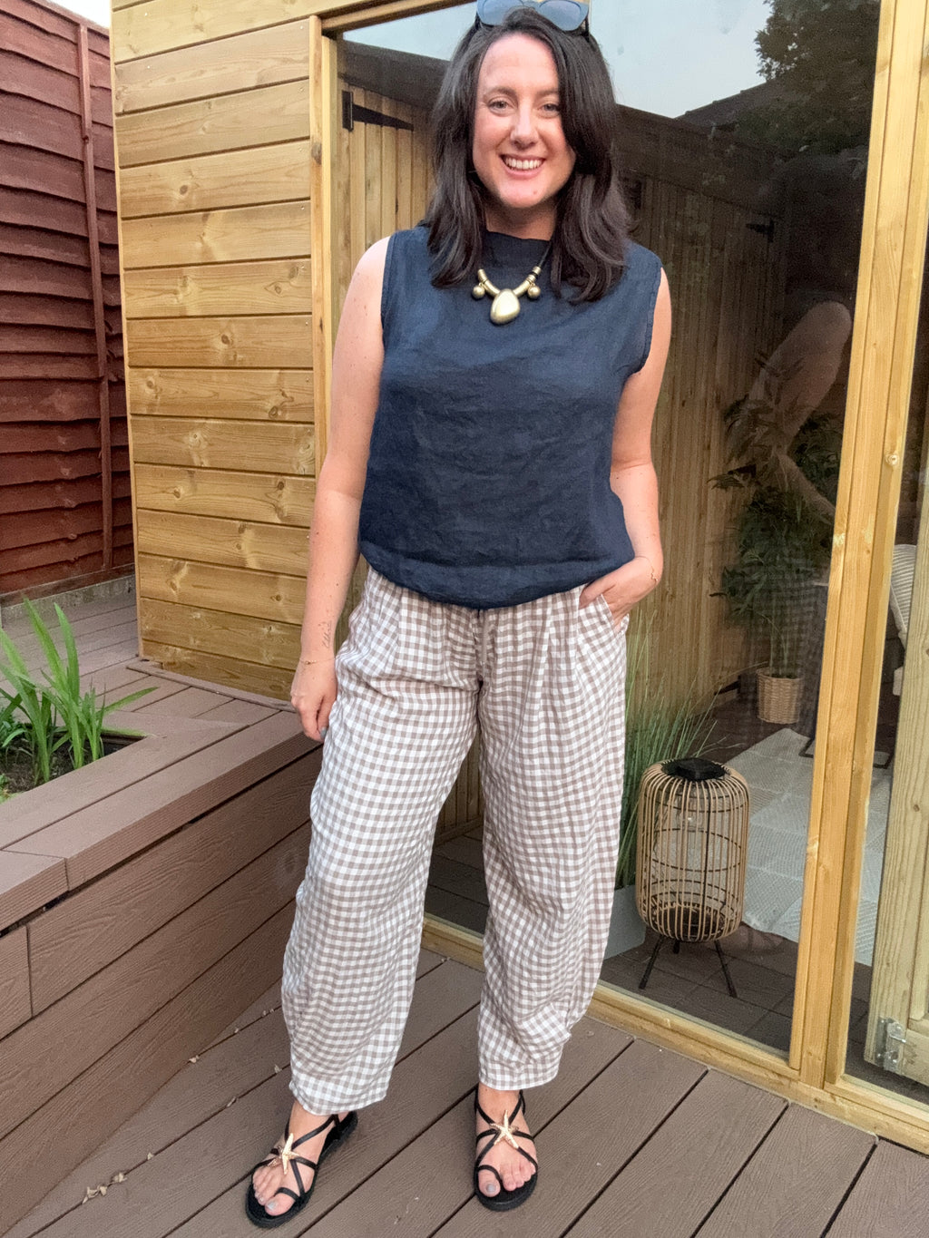 Drawstring Linen Top - Navy