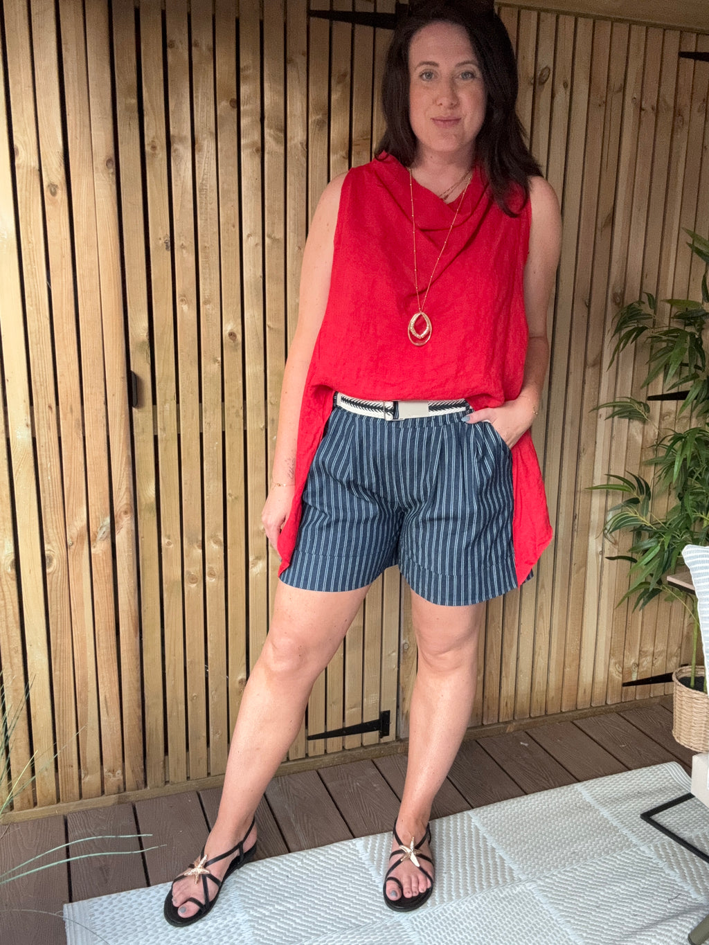 Belted Pleat Front Denim Short - Stripe