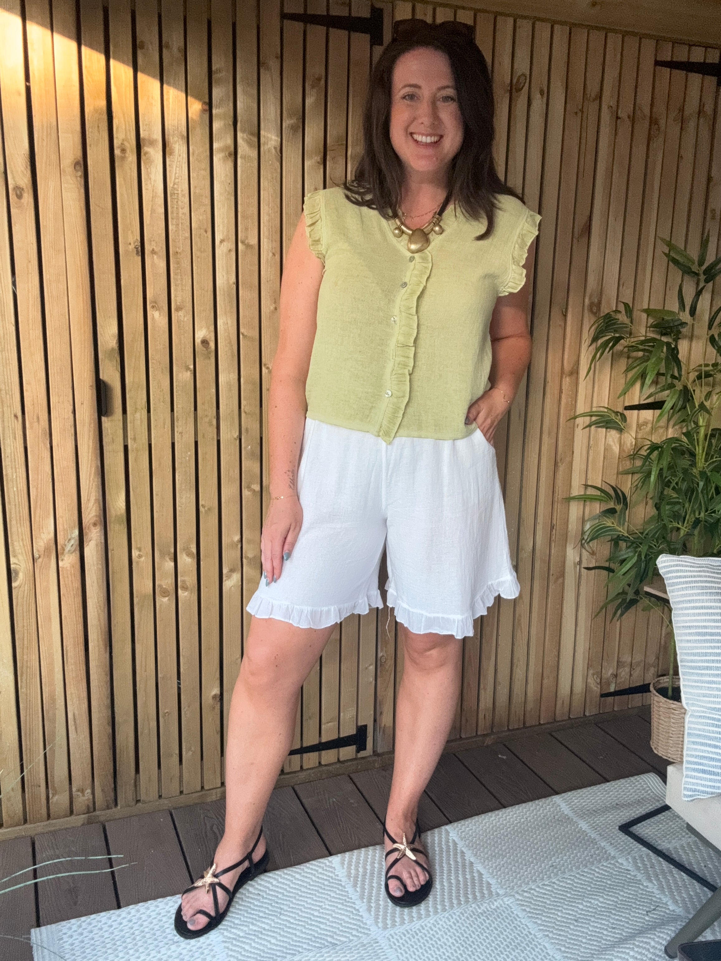Frill Gauze Linen Sleeveless Button Down - Lime