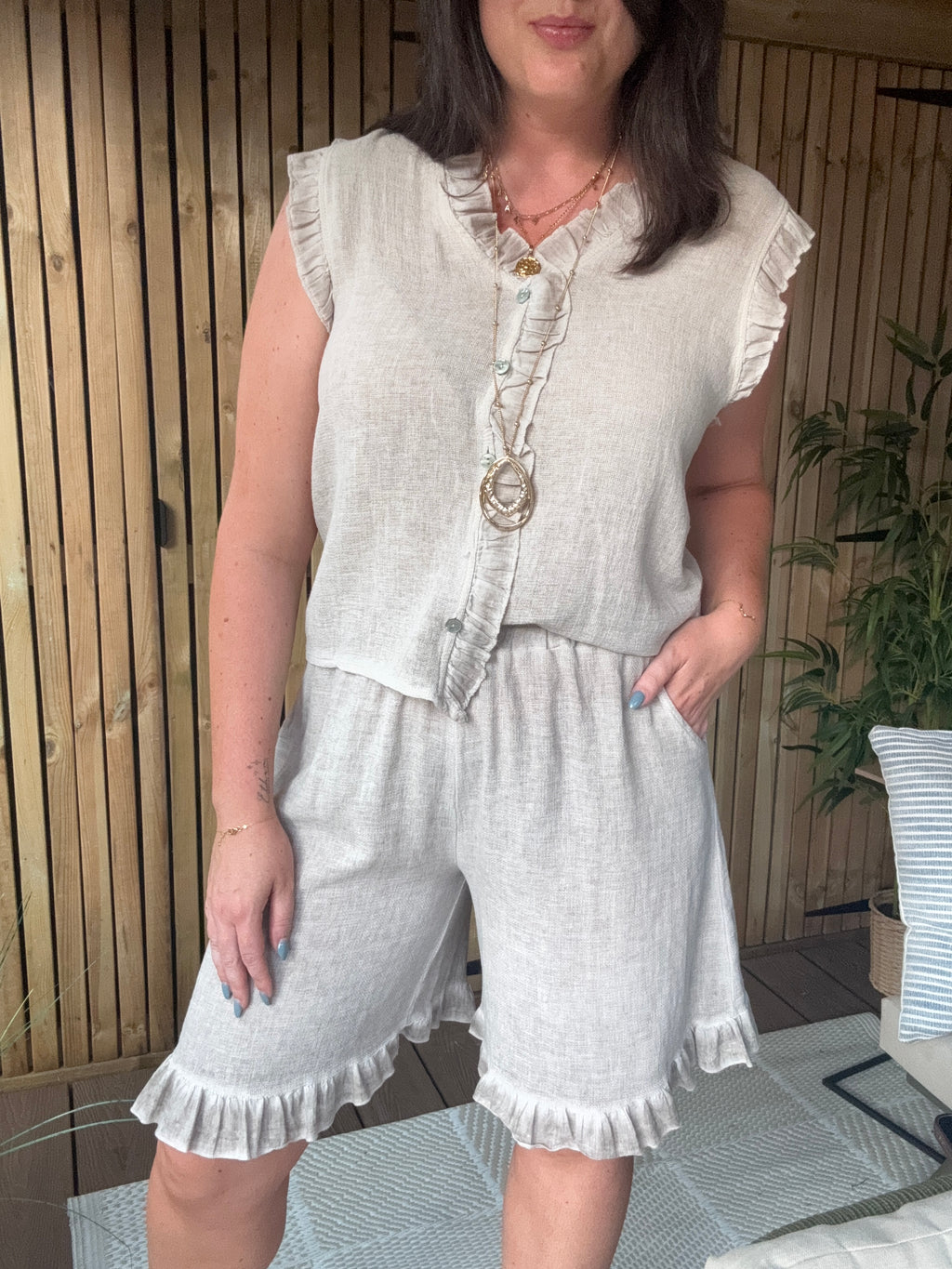 Frill Hem Gauze Linen Shorts - Stone