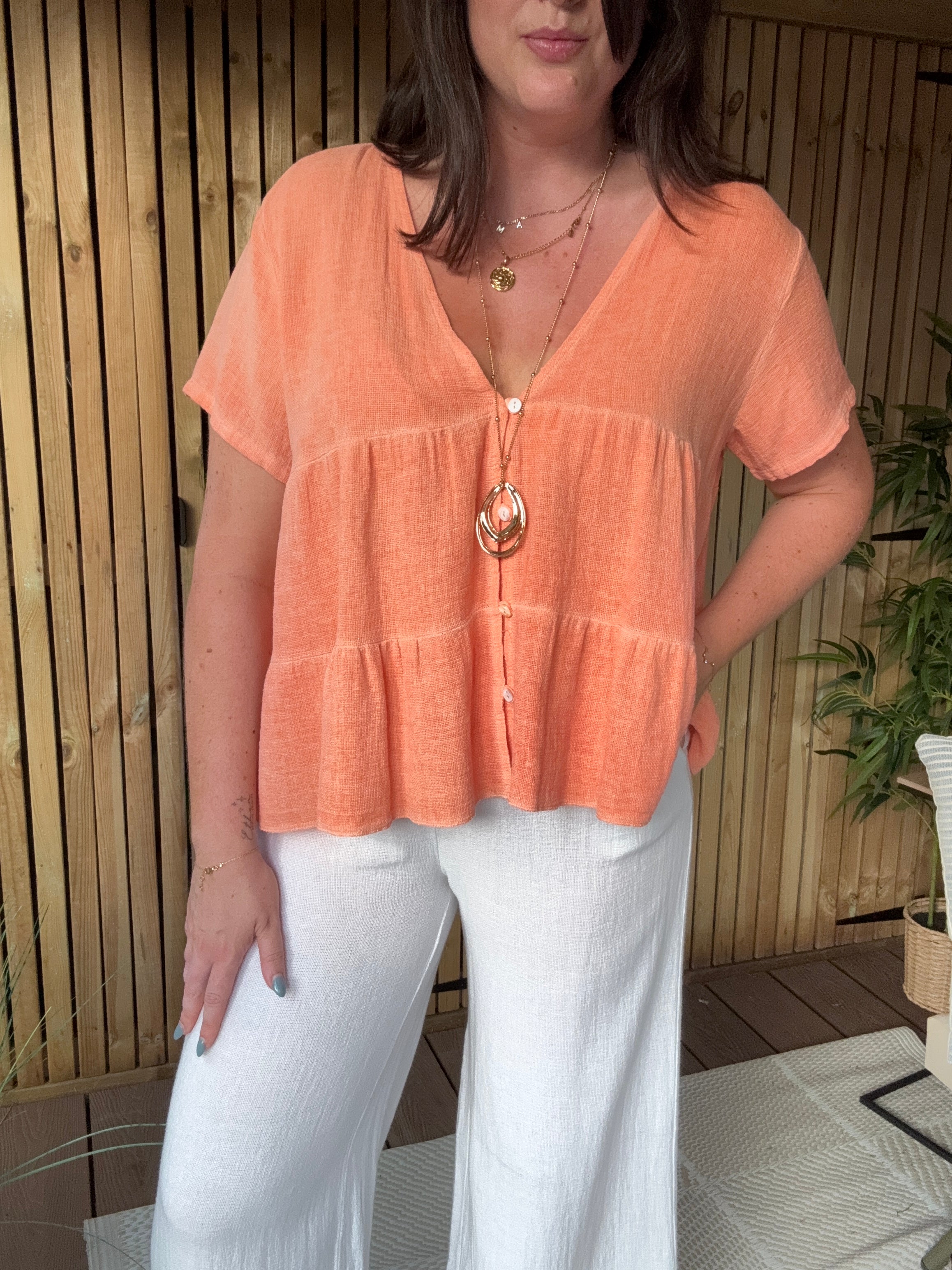 Tiered Gauze Linen Button Down Top - Orange