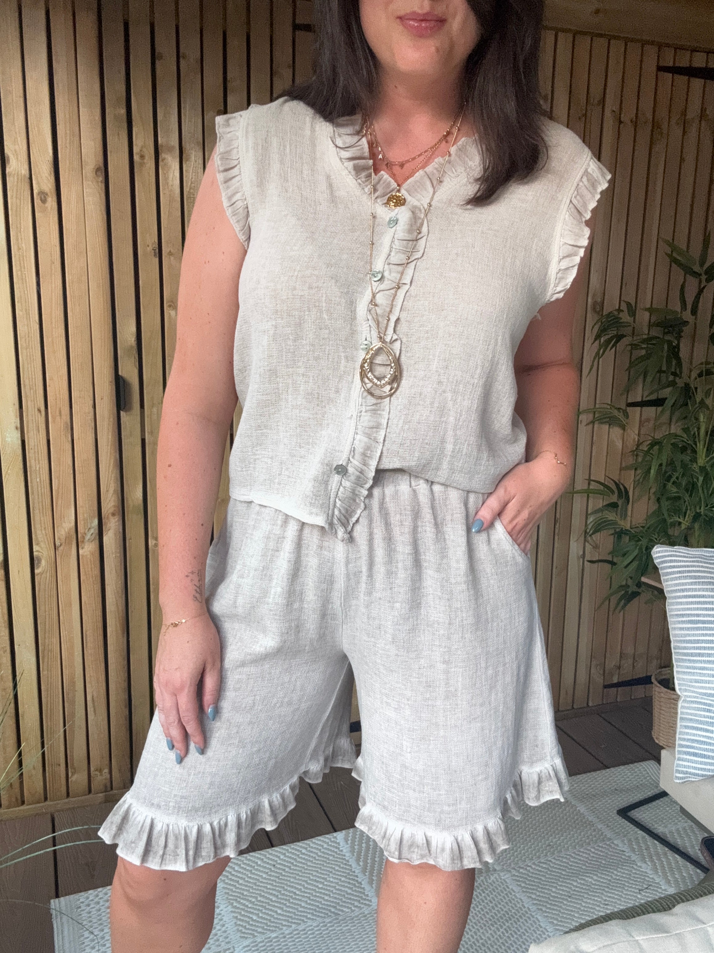 Frill Gauze Linen Sleeveless Button Down - Stone