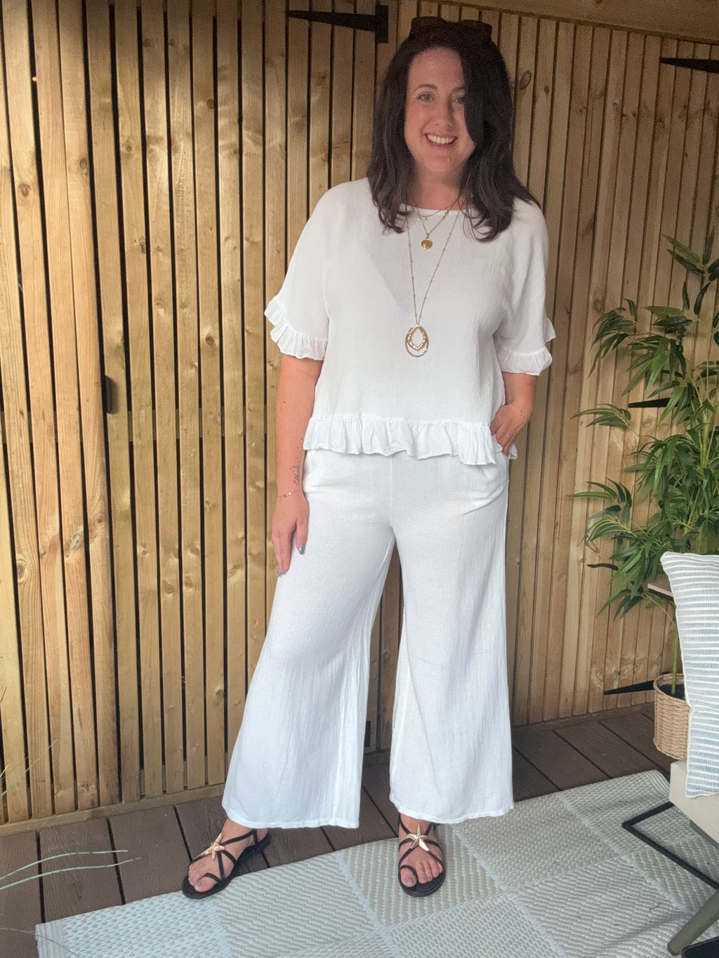 Frill Gauze Linen Top - White