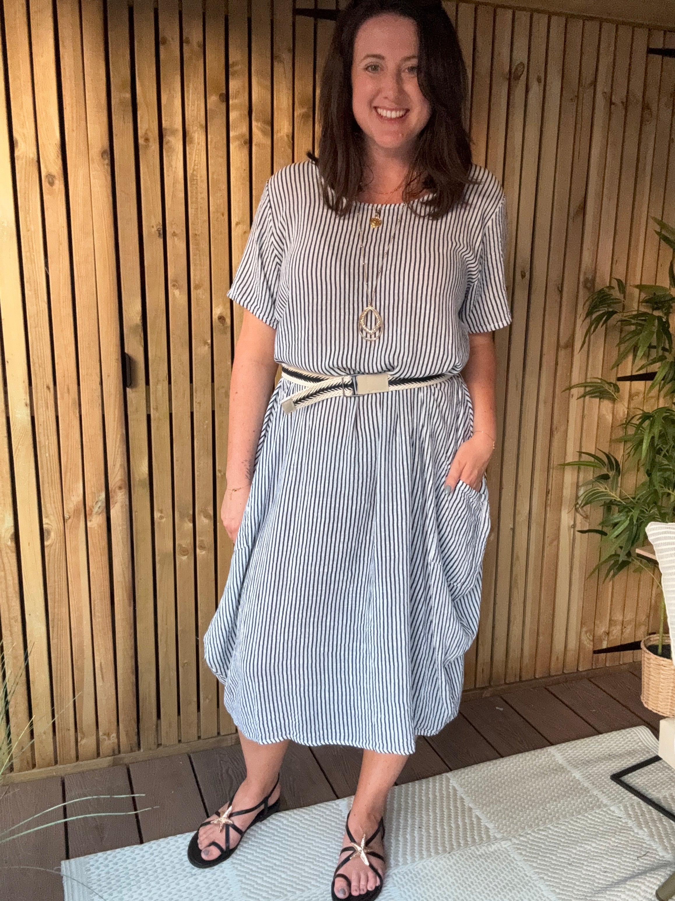 Stripe Cotton Dress - White / Navy