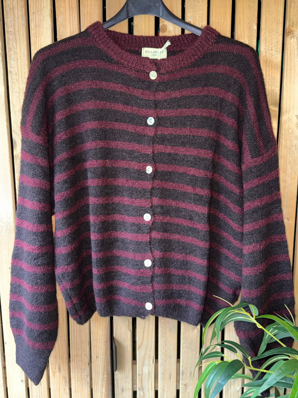 Baby Alpaca Stripe Cardigan - Chocolate & Wine