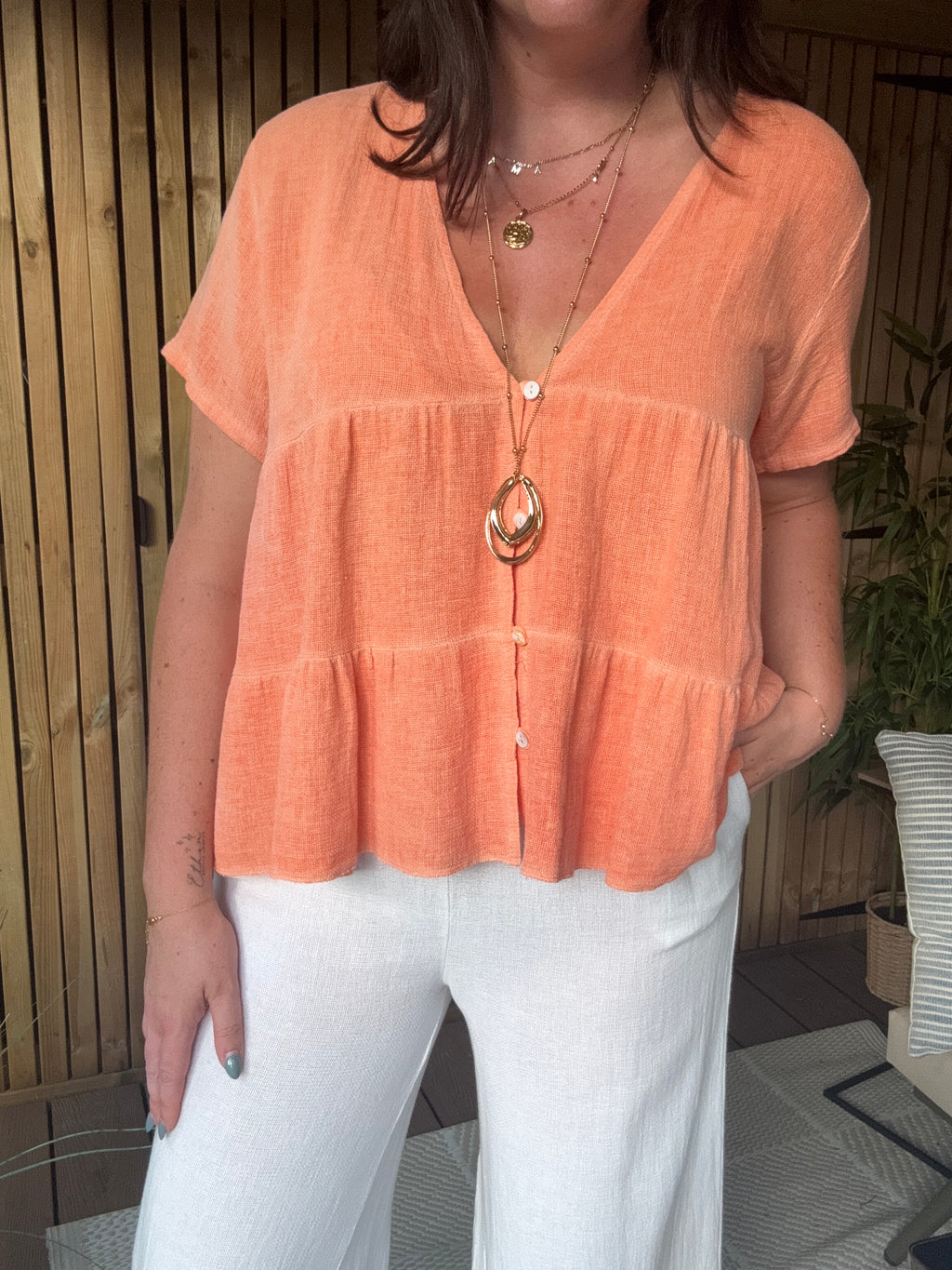 Tiered Gauze Linen Button Down Top - Orange
