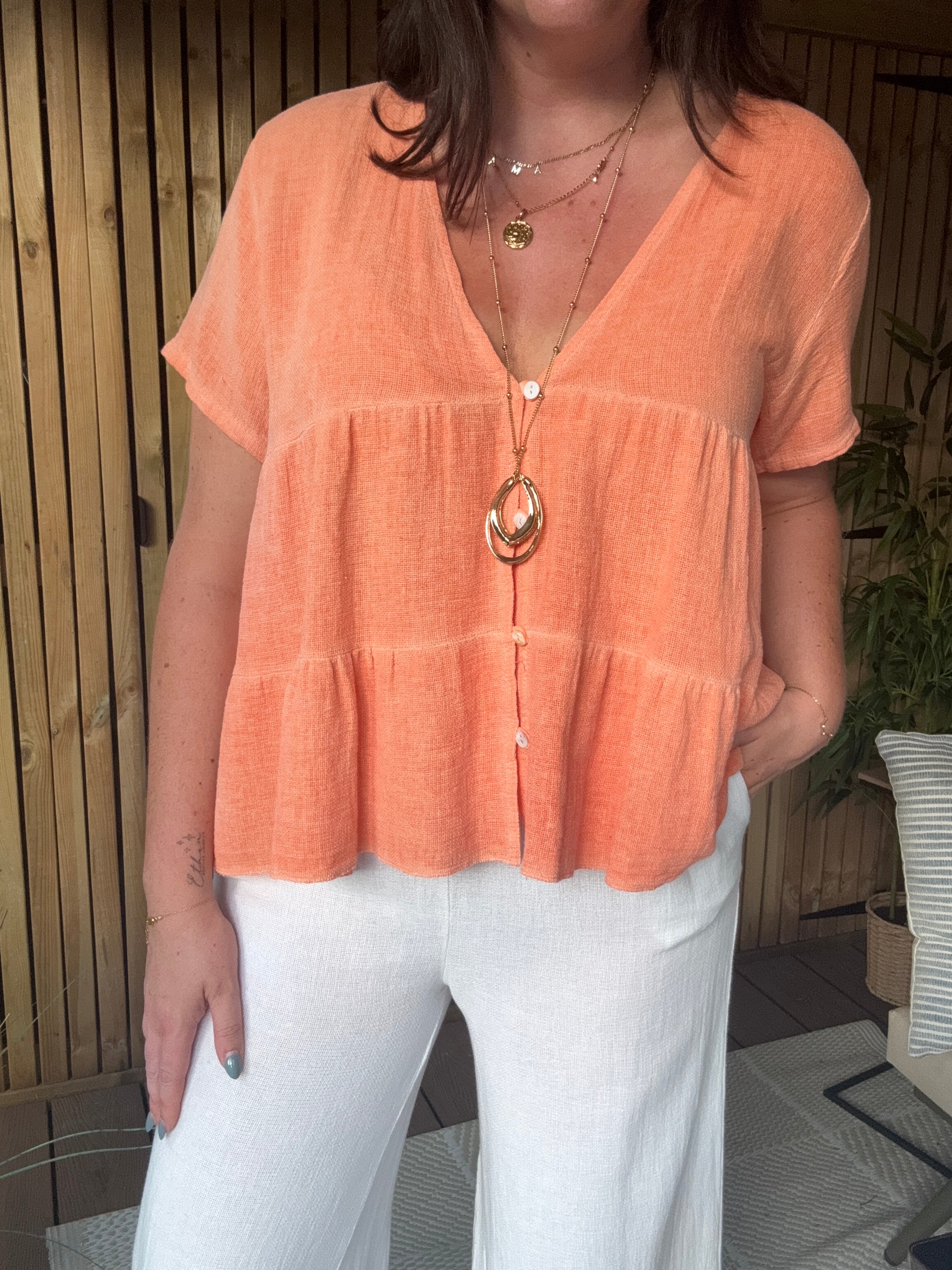 Tiered Gauze Linen Button Down Top - Orange