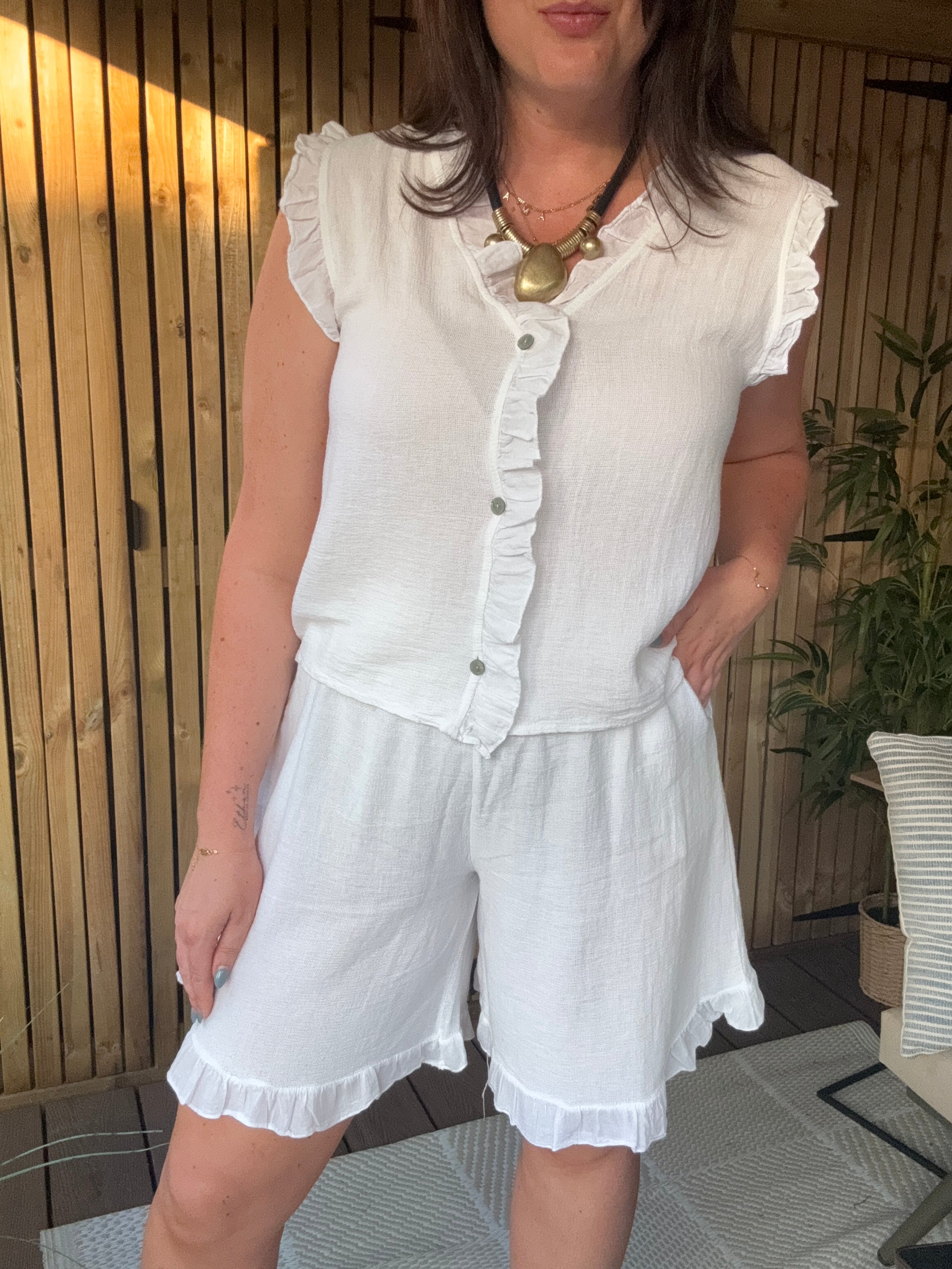 Frill Gauze Linen Sleeveless Button Down - White