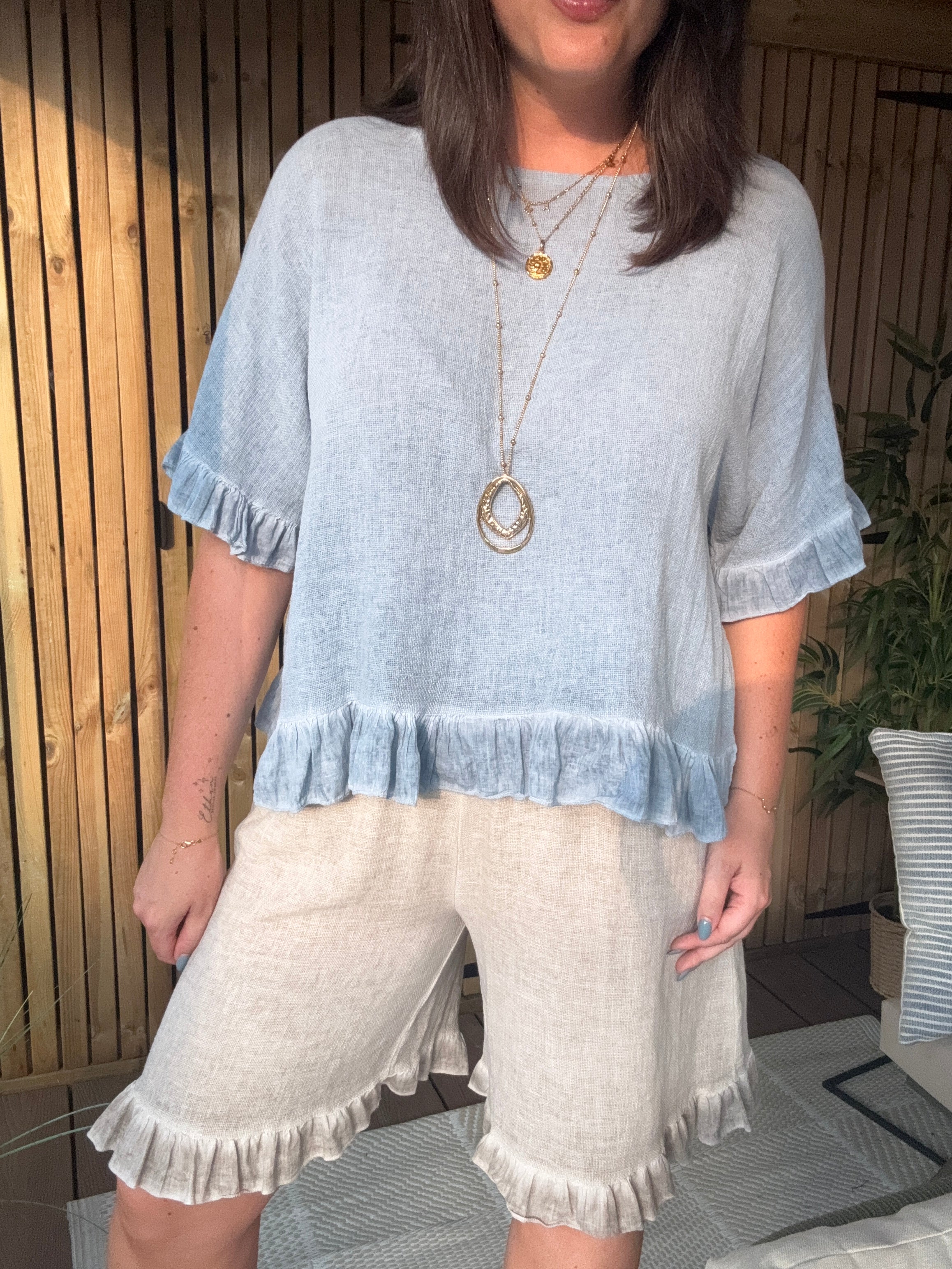 Frill Gauze Linen Top - Blue