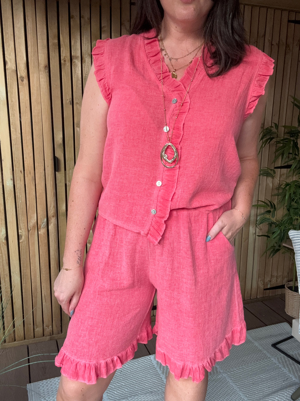 Frill Gauze Linen Sleeveless Button Down - Berry