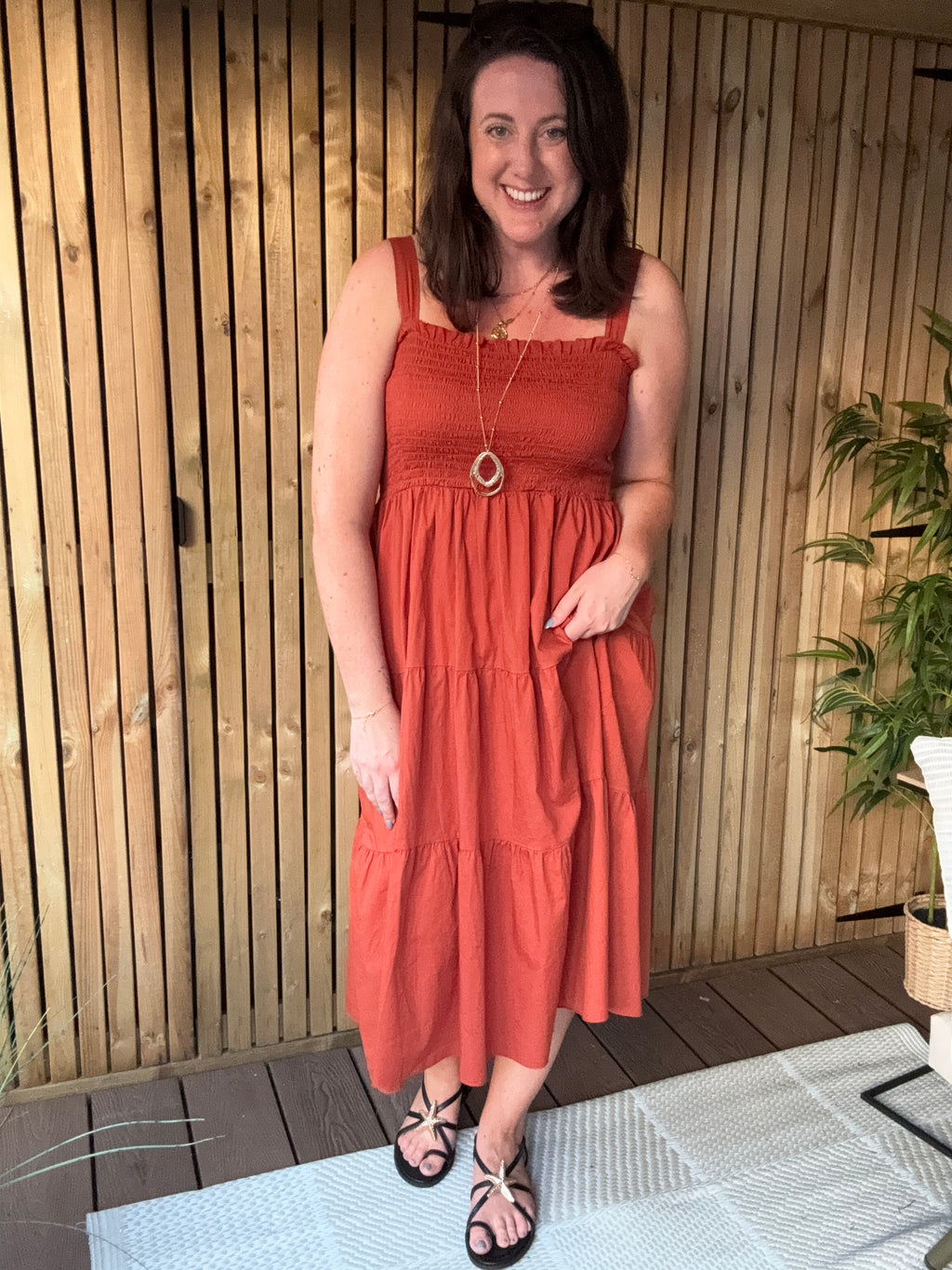 Tiered Cotton Midi Dress - Rust
