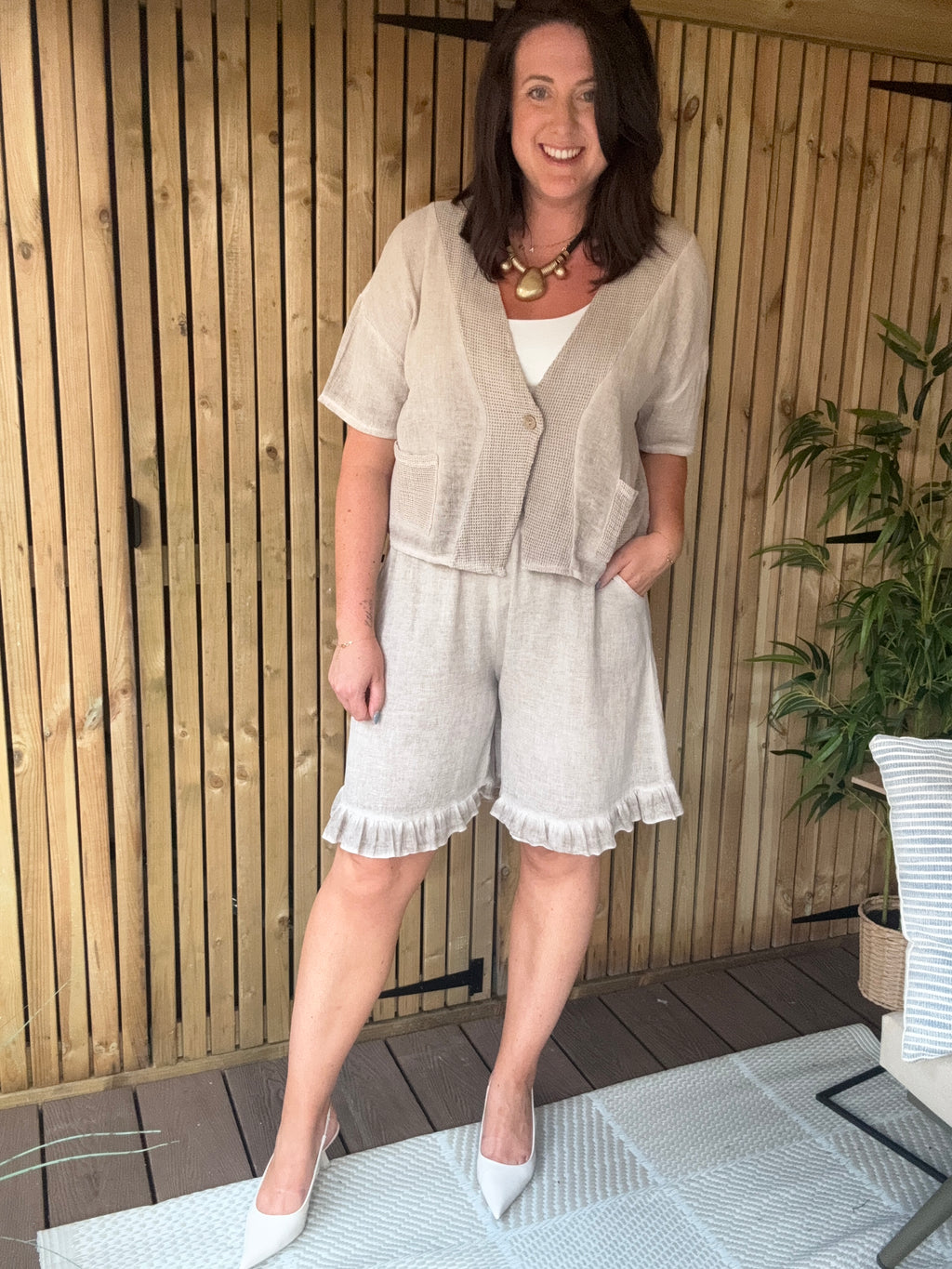 Frill Hem Gauze Linen Shorts - Stone