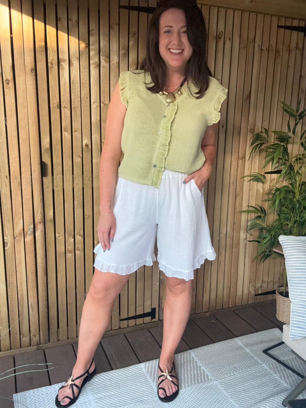 Frill Gauze Linen Sleeveless Button Down - Lime
