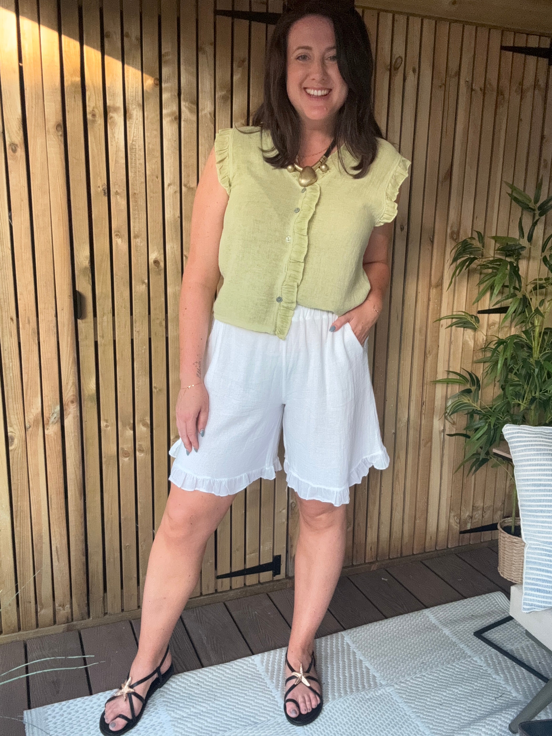 Frill Gauze Linen Sleeveless Button Down - Lime
