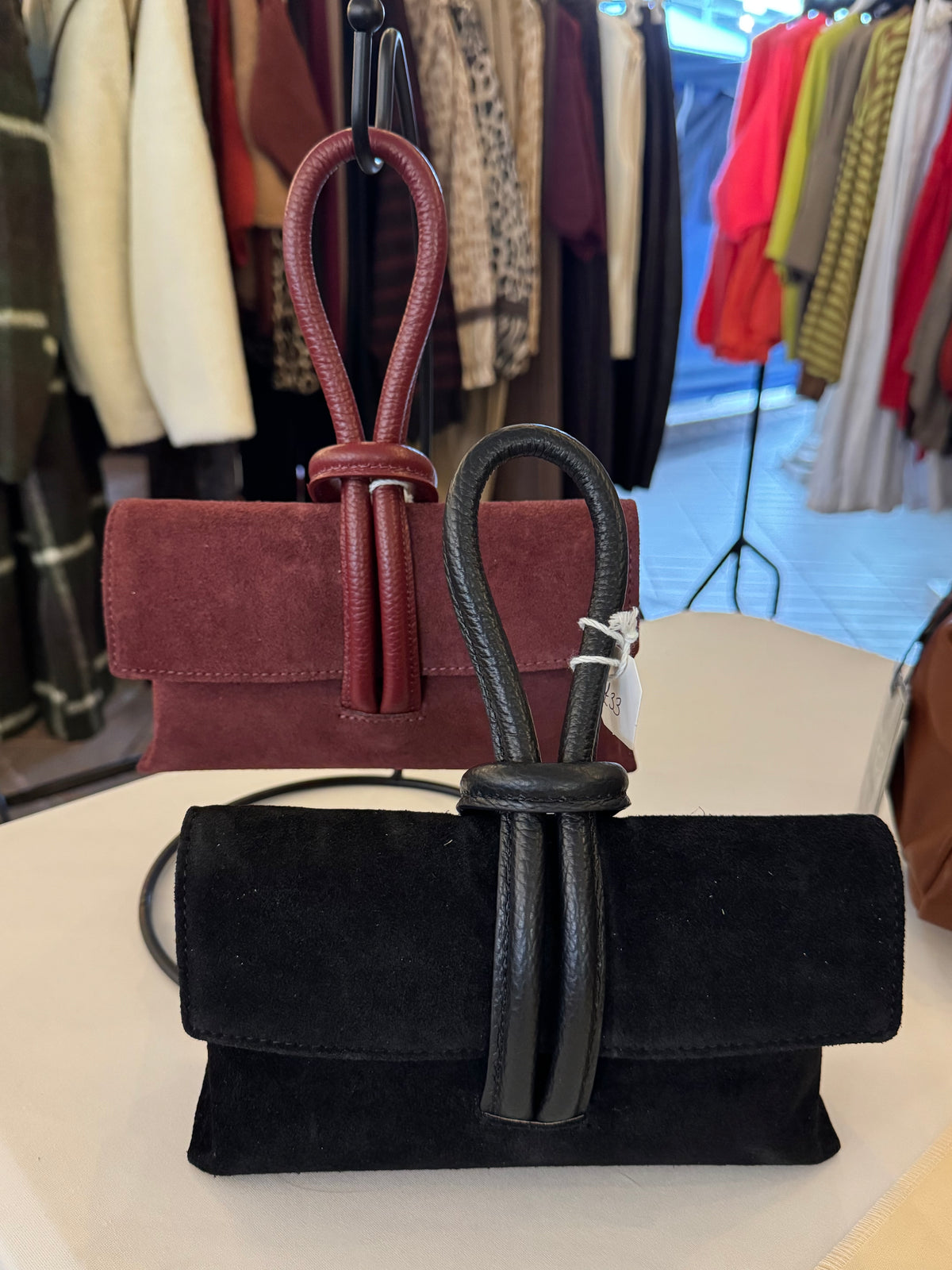 Suede Clutch Bag with Leather Loop Handle