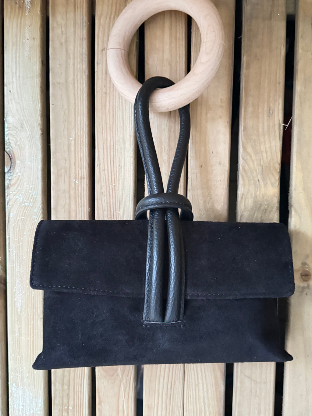 Suede Clutch Bag with Leather Loop Handle