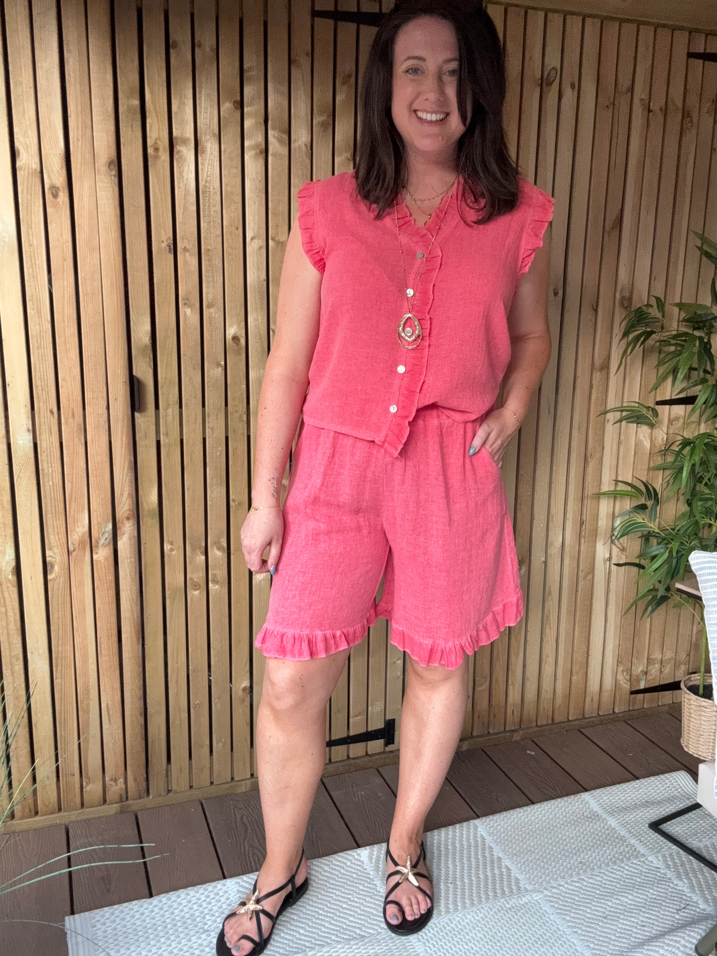 Frill Gauze Linen Sleeveless Button Down - Berry