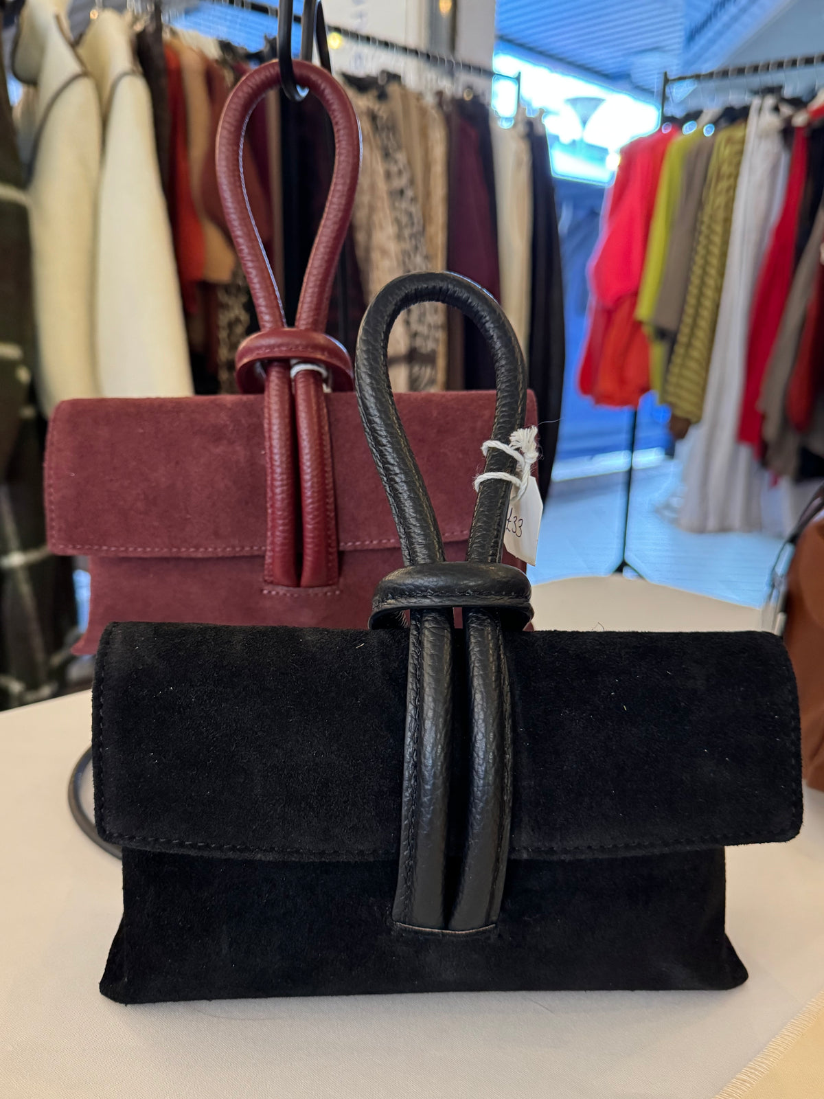 Suede Clutch Bag with Leather Loop Handle