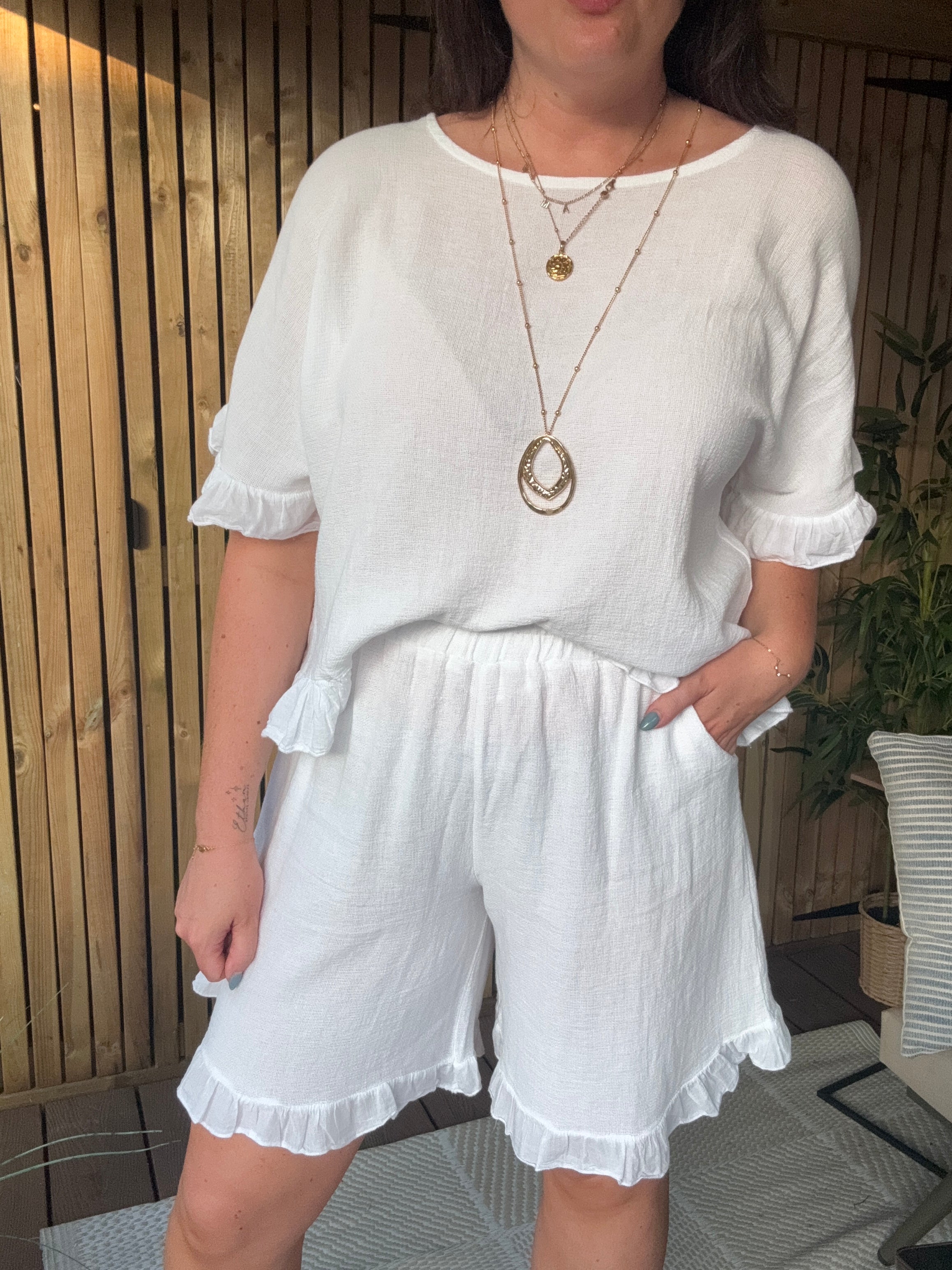 Frill Gauze Linen Top - White