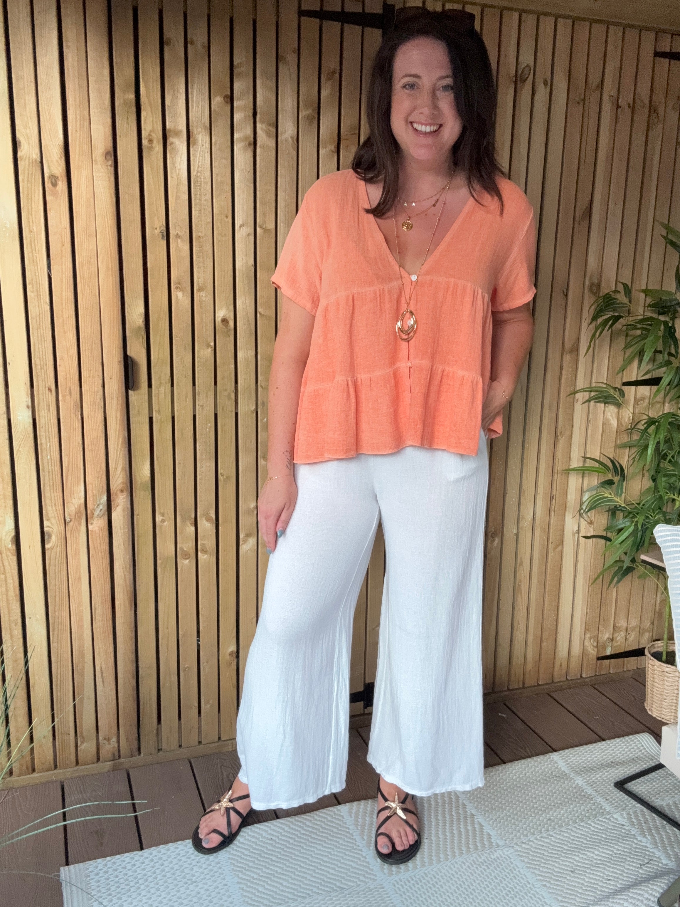 Tiered Gauze Linen Button Down Top - Orange