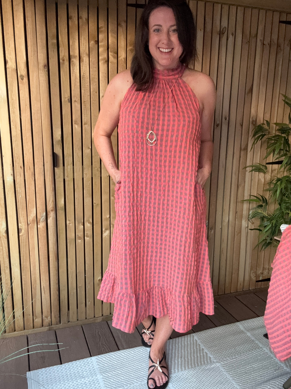 Halter Neck Gingham Dress - Coral