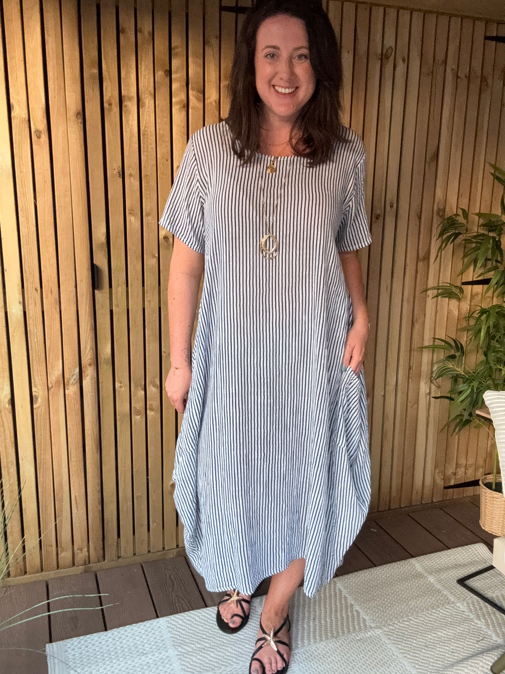 Stripe Cotton Dress - White / Navy
